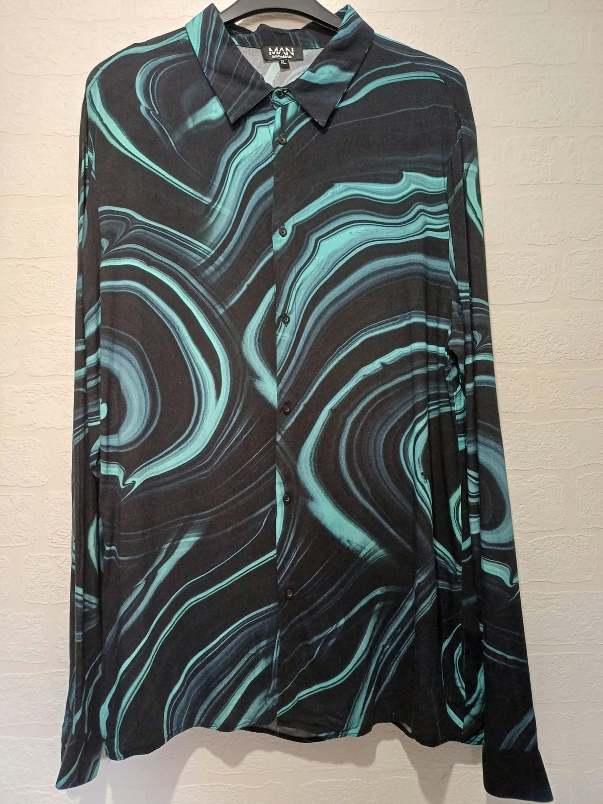 Men's Shirt boohooMAN Teal Green & Black Marble Print Long Sleeve Size XL Very Good Condition