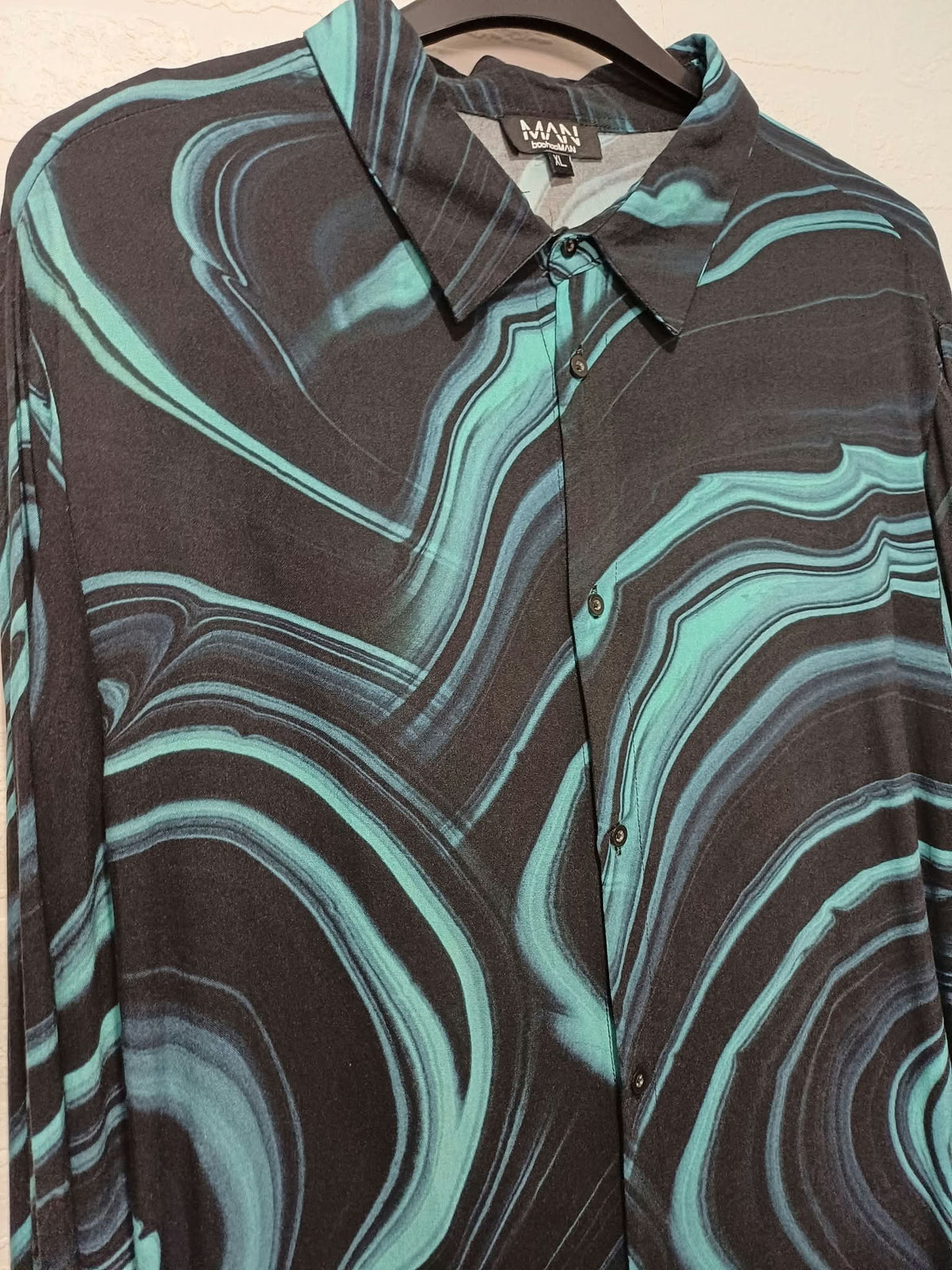 Men's Shirt boohooMAN Teal Green & Black Marble Print Long Sleeve Size XL Very Good Condition