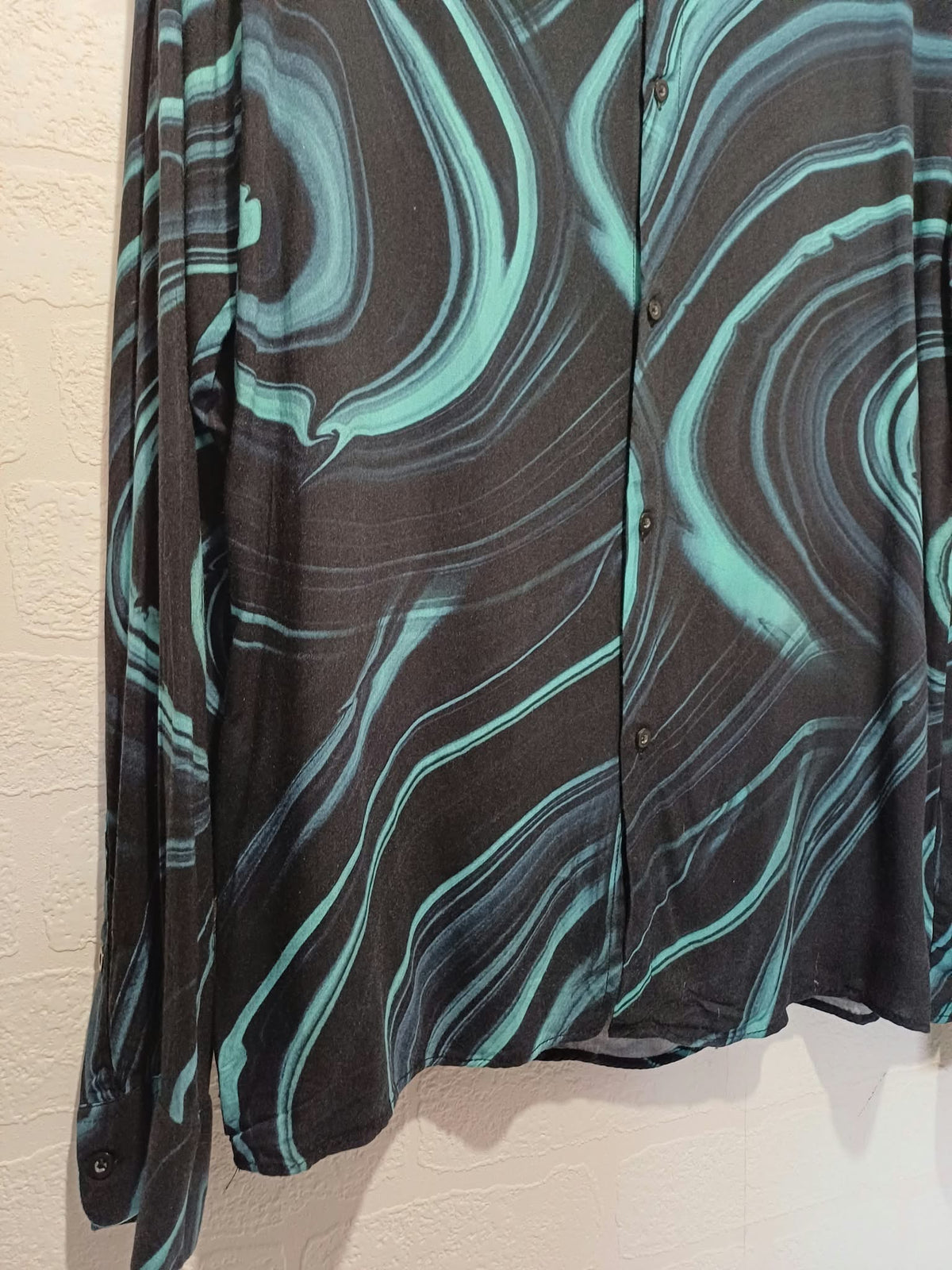 Men's Shirt boohooMAN Teal Green & Black Marble Print Long Sleeve Size XL Very Good Condition