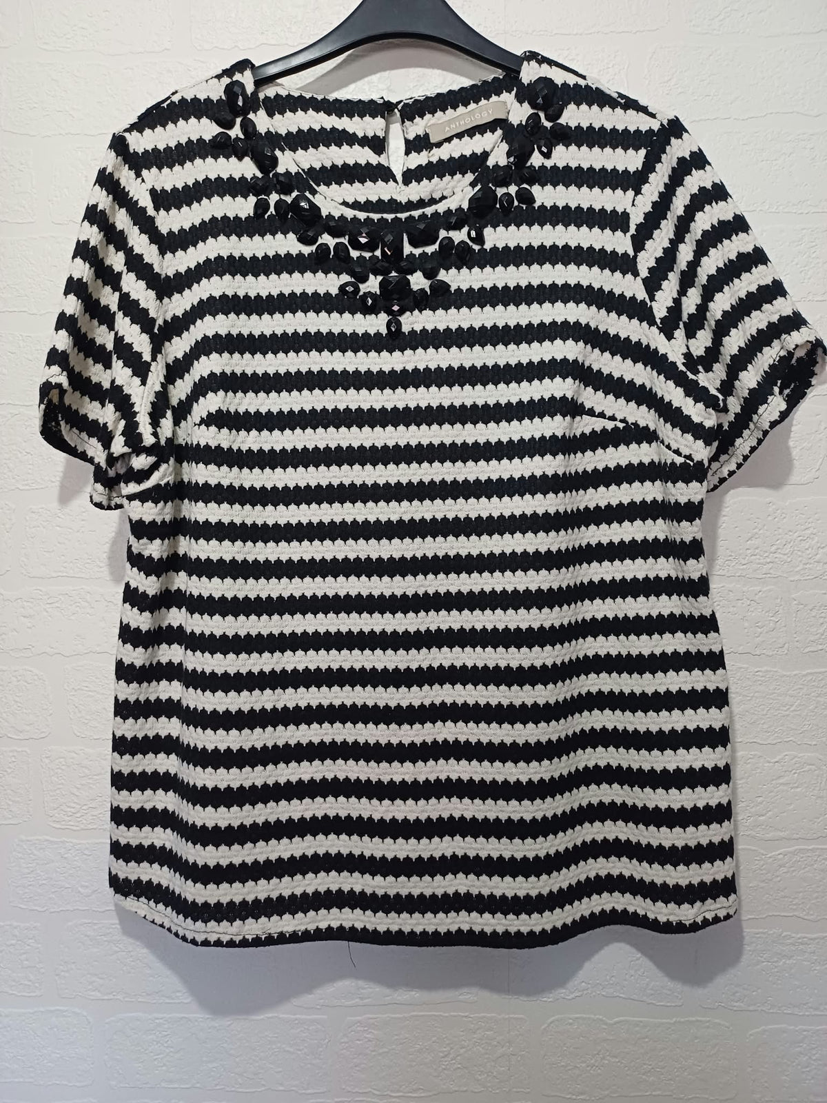 Women's Top Anthology Black & White Striped Beaded Neck Short Sleeve Plus Size UK 20 Very Good Condition
