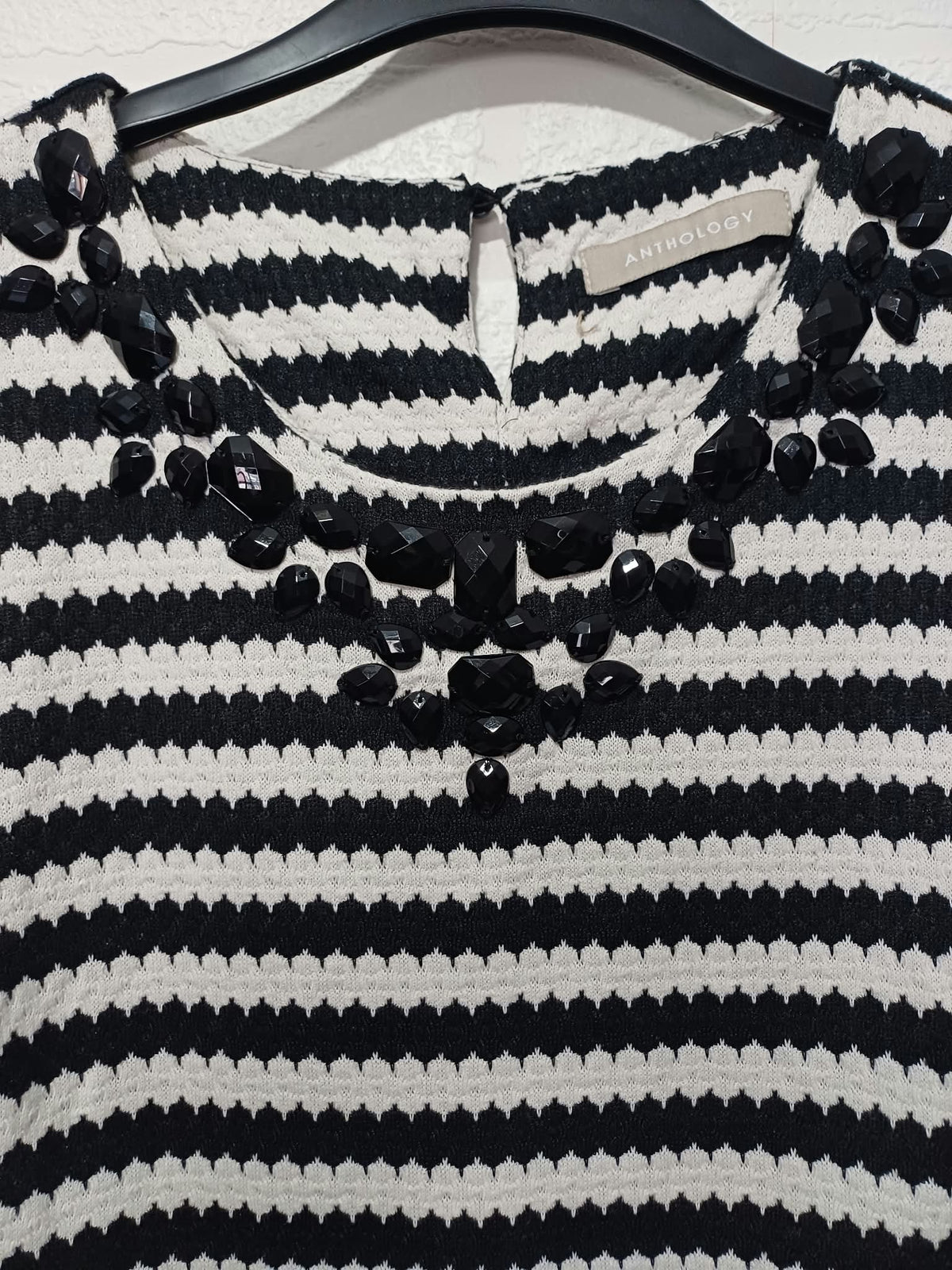 Women's Top Anthology Black & White Striped Beaded Neck Short Sleeve Plus Size UK 20 Very Good Condition