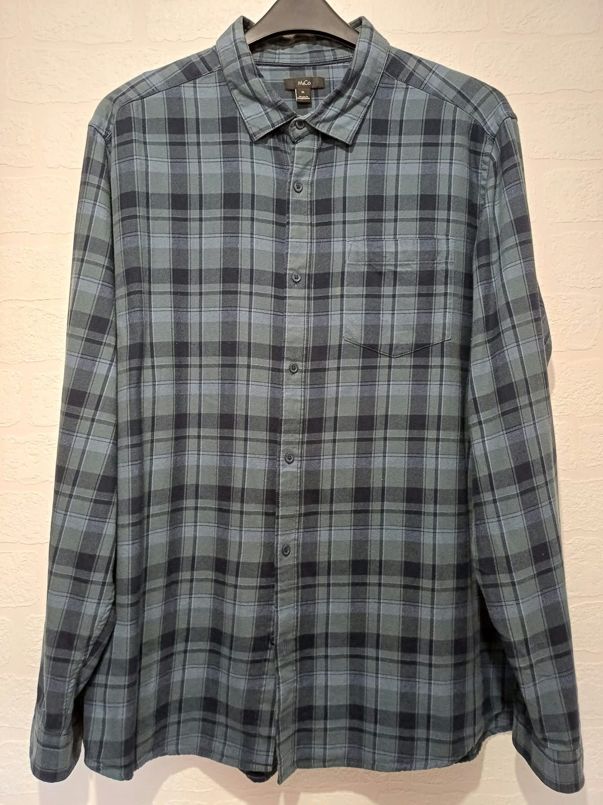 Men's Shirt M&Co Navy Blue & Slate Teal Checked Brushed Cotton Flannel Long Sleeve Size XL Very Good Condition