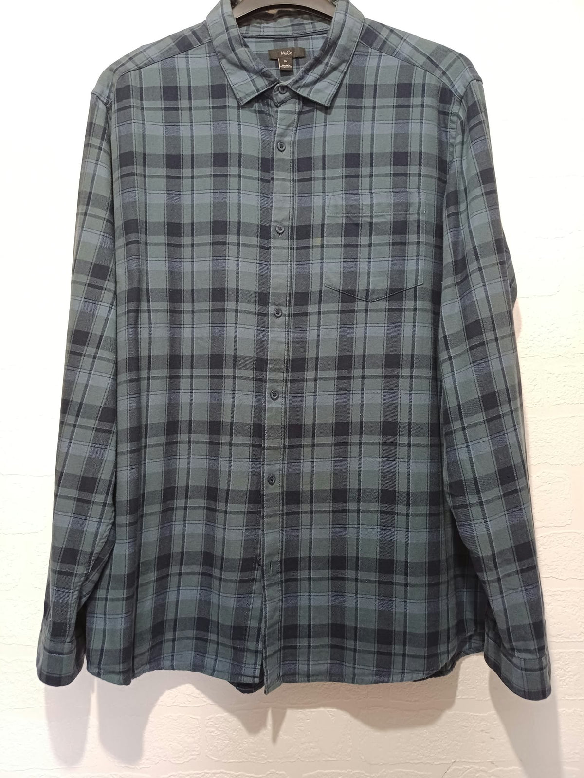 Men's Shirt M&Co Navy Blue & Slate Teal Checked Brushed Cotton Flannel Long Sleeve Size XL Very Good Condition