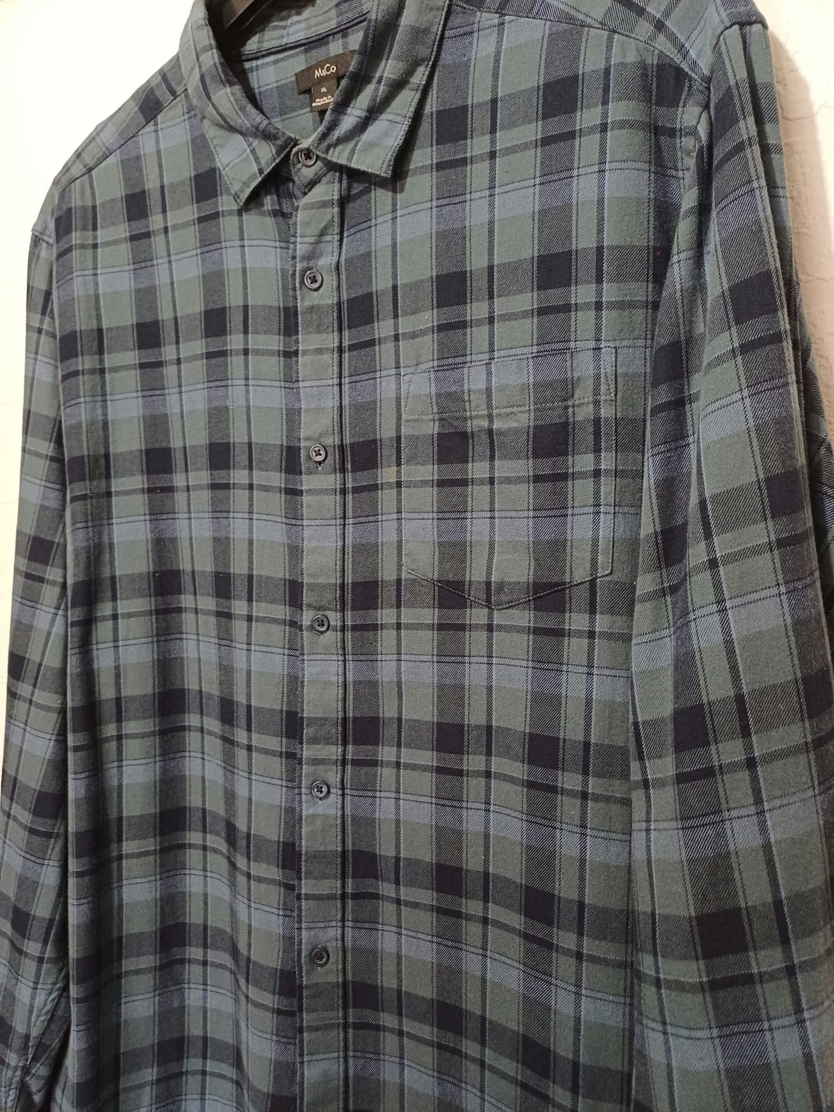 Men's Shirt M&Co Navy Blue & Slate Teal Checked Brushed Cotton Flannel Long Sleeve Size XL Very Good Condition