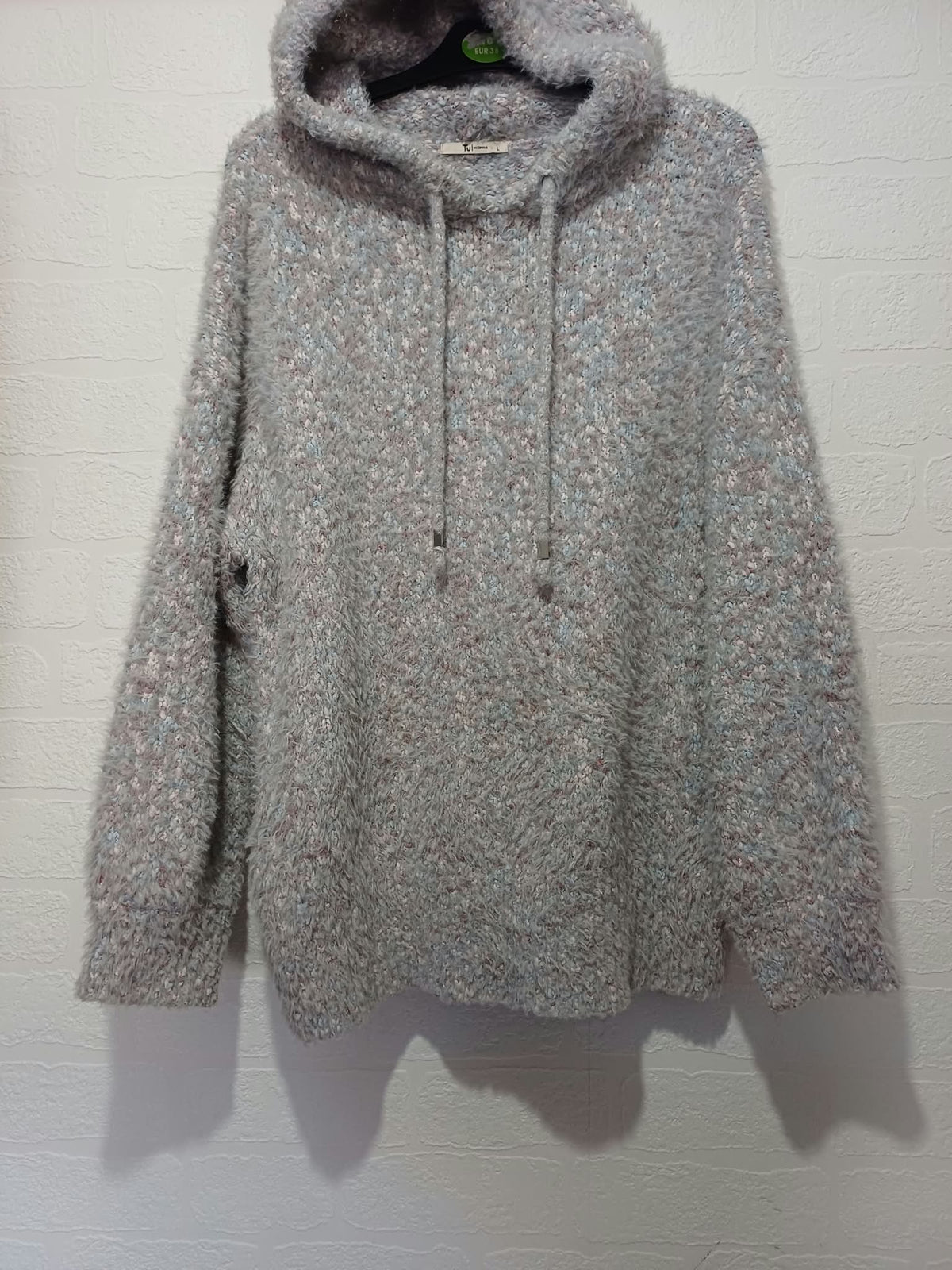 Women's Jumper Tu Grey Marl Fluffy Boucle Knit Hooded Long Sleeve Size L Very Good Condition
