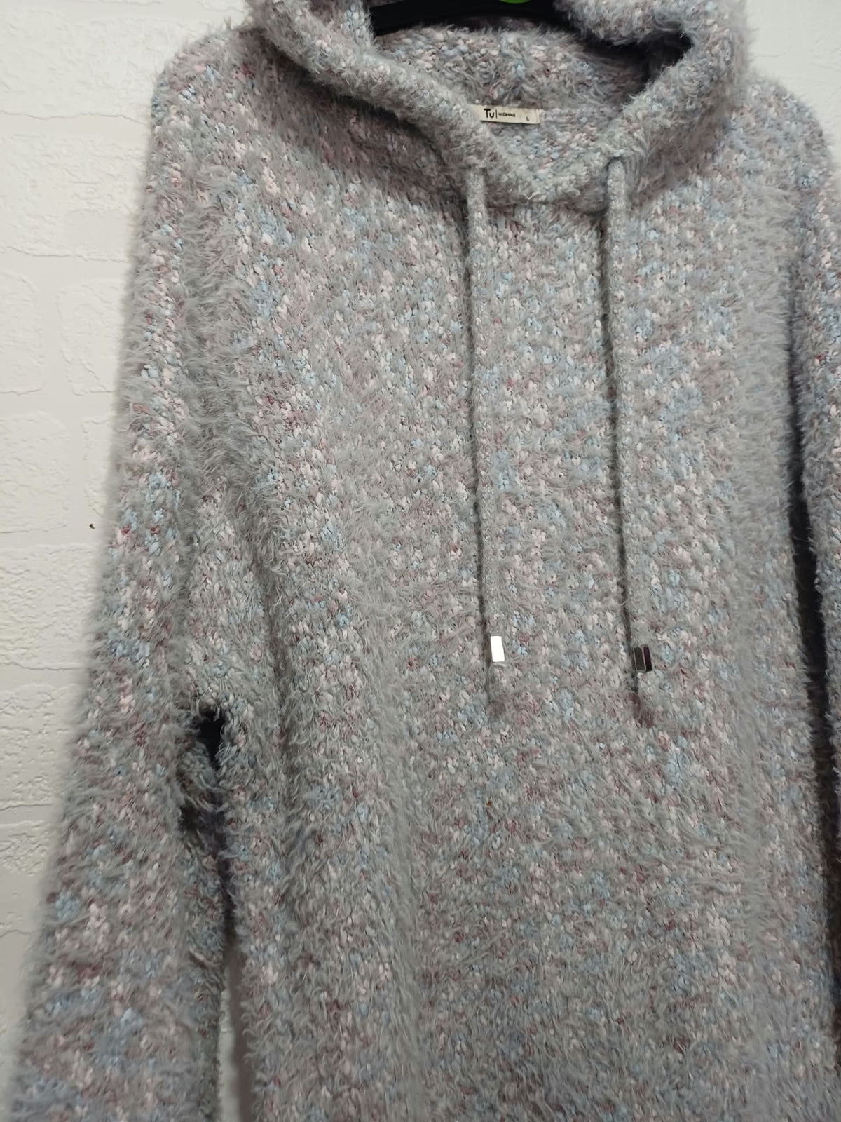 Women's Jumper Tu Grey Marl Fluffy Boucle Knit Hooded Long Sleeve Size L Very Good Condition