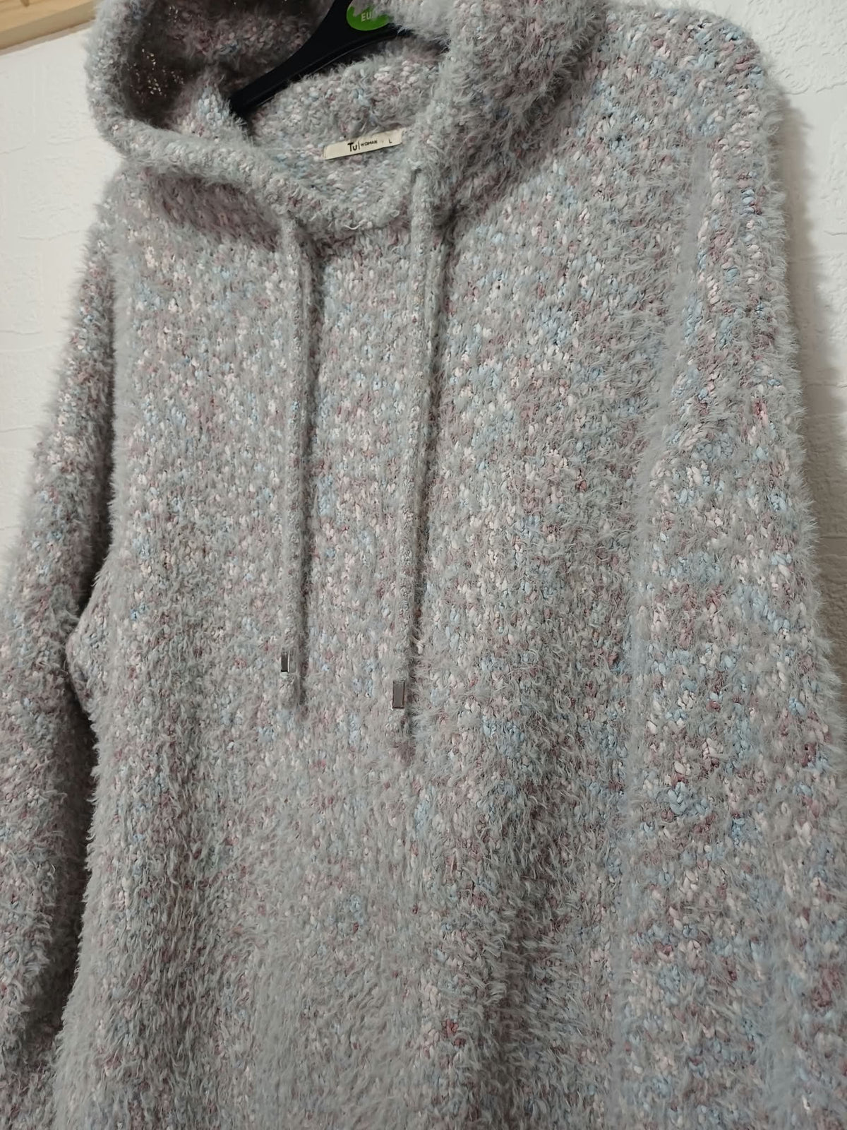 Women's Jumper Tu Grey Marl Fluffy Boucle Knit Hooded Long Sleeve Size L Very Good Condition