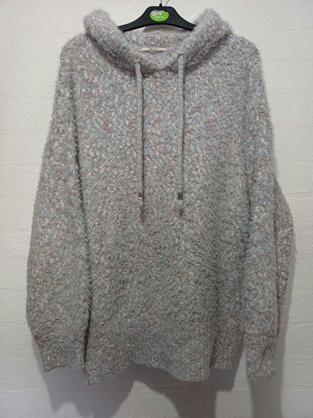 Women's Jumper Tu Grey Marl Fluffy Boucle Knit Hooded Long Sleeve Size L Very Good Condition