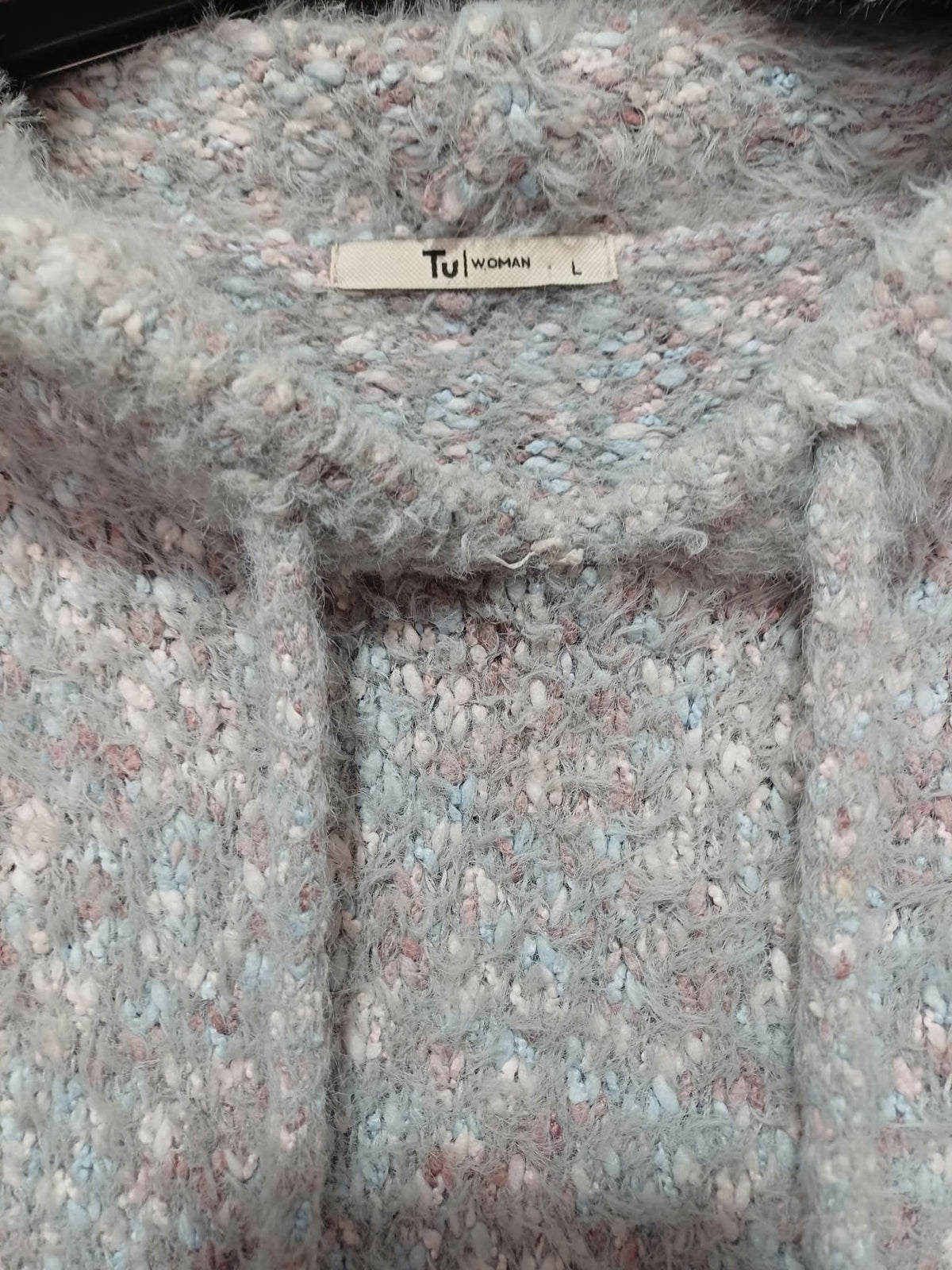 Women's Jumper Tu Grey Marl Fluffy Boucle Knit Hooded Long Sleeve Size L Very Good Condition