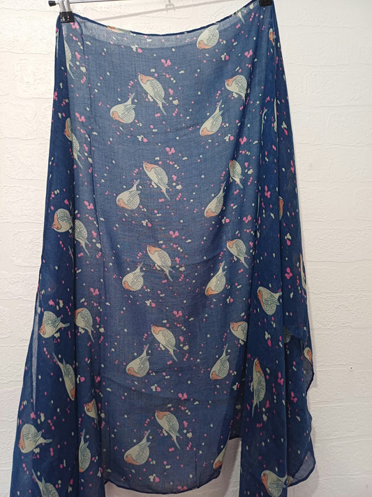 Women's Scarf Blue Robin Bird Print Sheer Chiffon Lightweight Very Good Condition