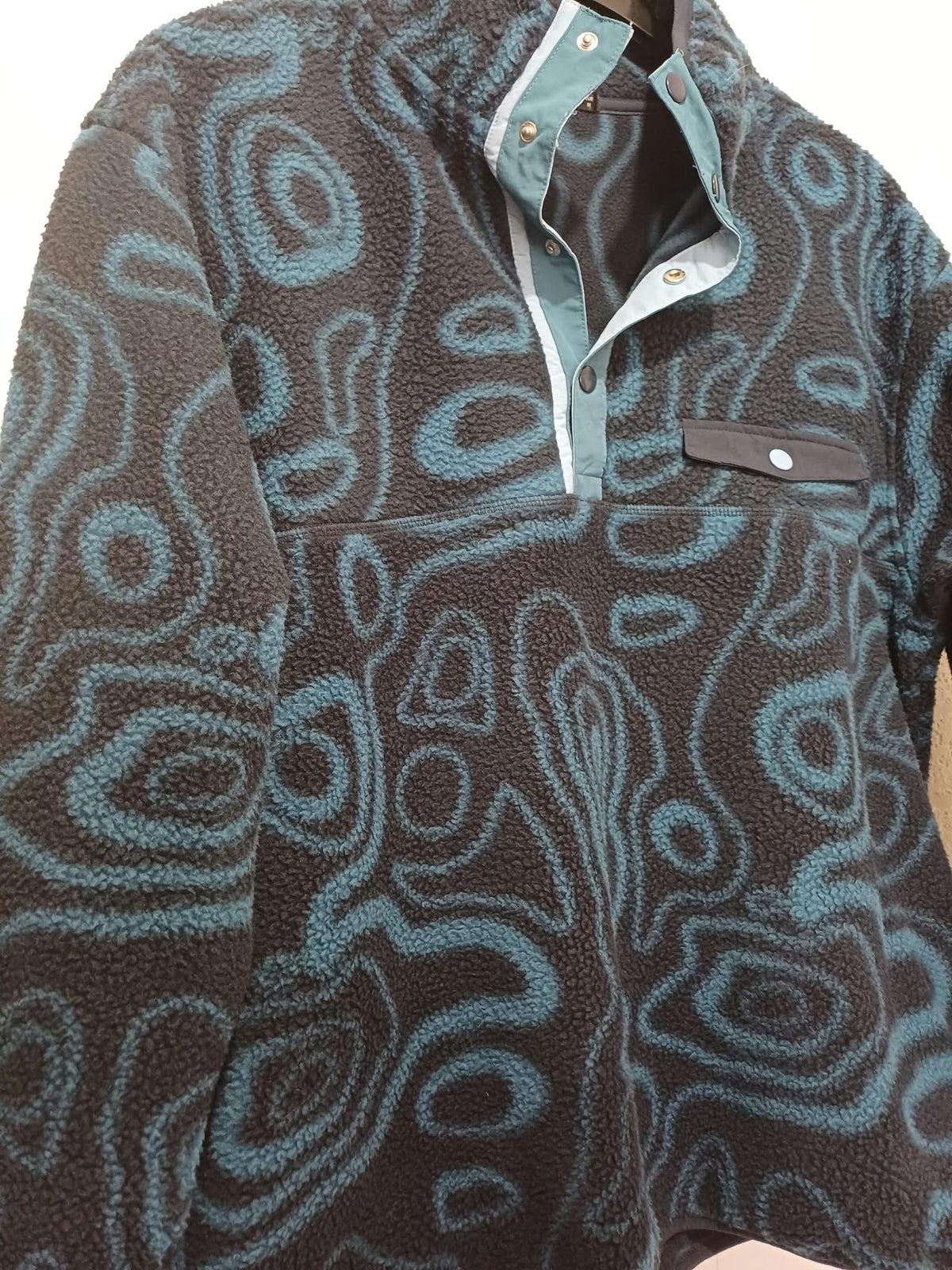 Unisex Fleece Pullover Dunnes Dark Blue & Teal Contour Print Snap-Placket Size M Very Good Condition