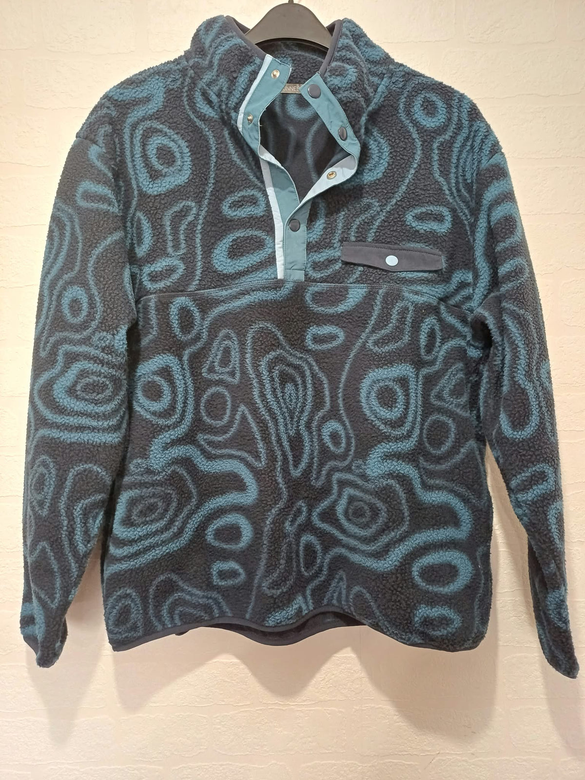 Unisex Fleece Pullover Dunnes Dark Blue & Teal Contour Print Snap-Placket Size M Very Good Condition