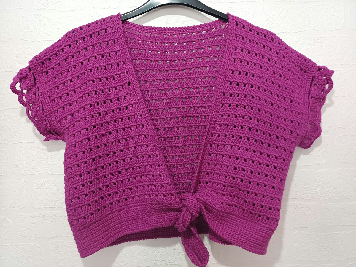Women's Bolero Magenta Purple Crochet Tie Front Short Sleeve Cropped Estimated Size M/L Very Good Condition