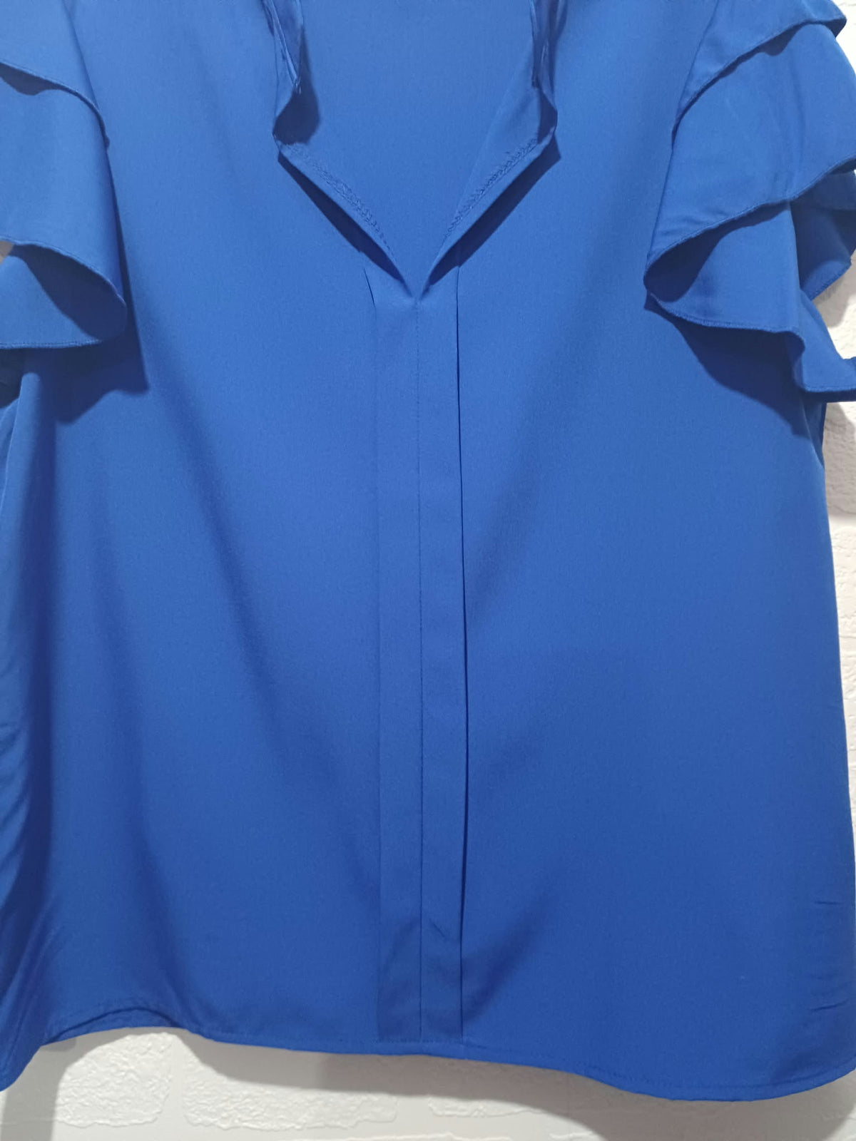 Women's Blouse Royal Blue V-Neck Layered Ruffle Sleeve Size L Excellent Condition