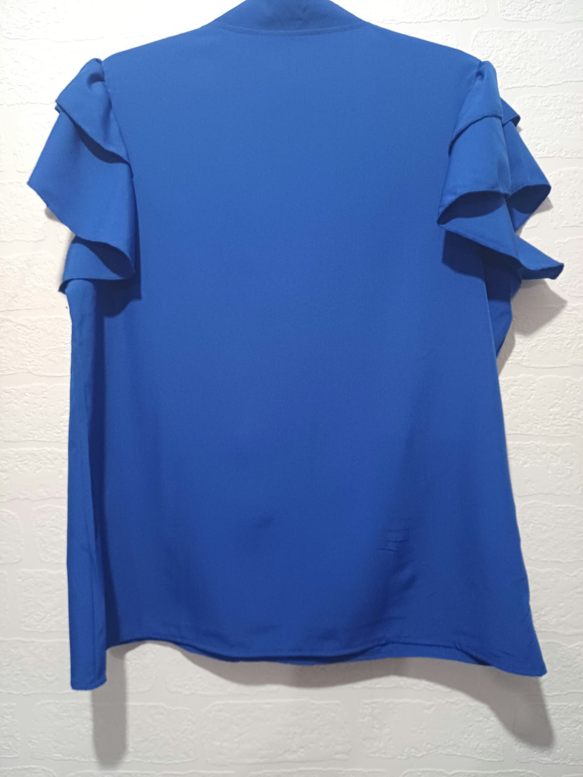 Women's Blouse Royal Blue V-Neck Layered Ruffle Sleeve Size L Excellent Condition