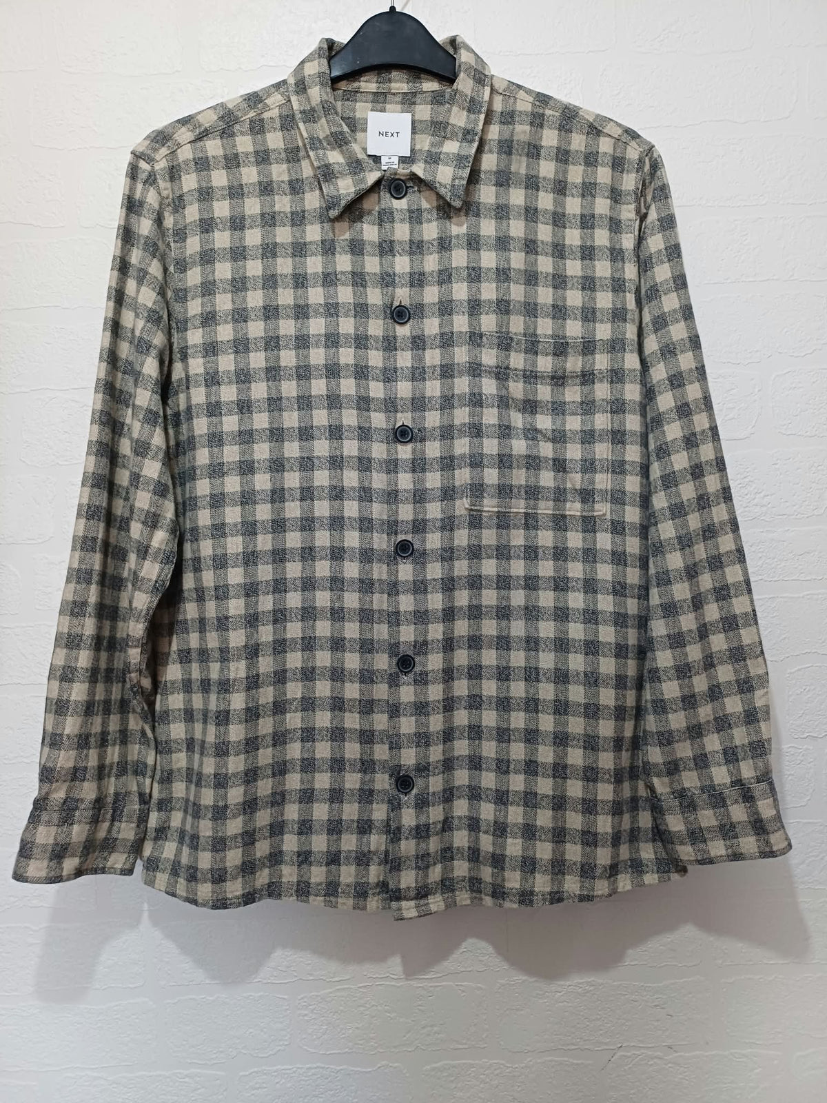 Men's Shirt Next Beige & Grey Gingham Checked Long Sleeve Flannel Size M Excellent Condition