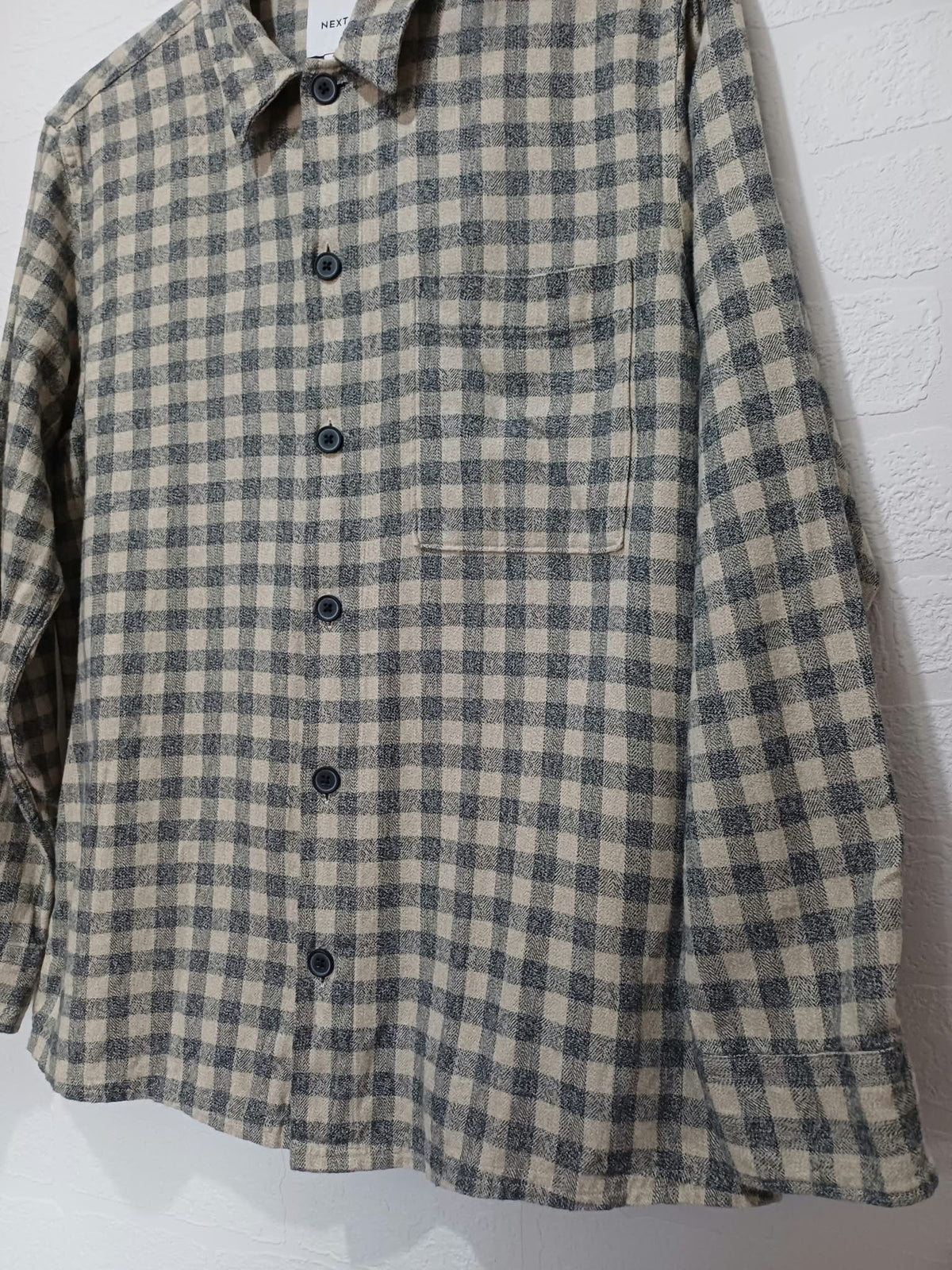 Men's Shirt Next Beige & Grey Gingham Checked Long Sleeve Flannel Size M Excellent Condition