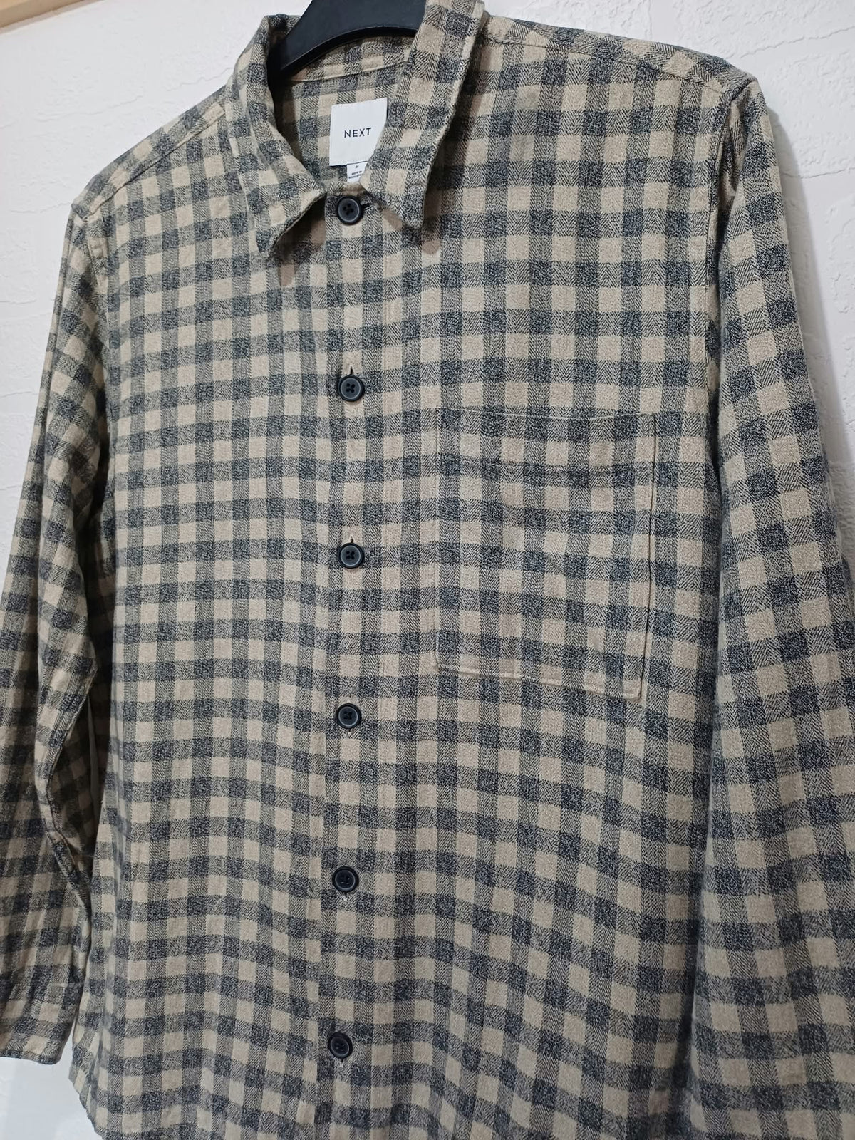 Men's Shirt Next Beige & Grey Gingham Checked Long Sleeve Flannel Size M Excellent Condition