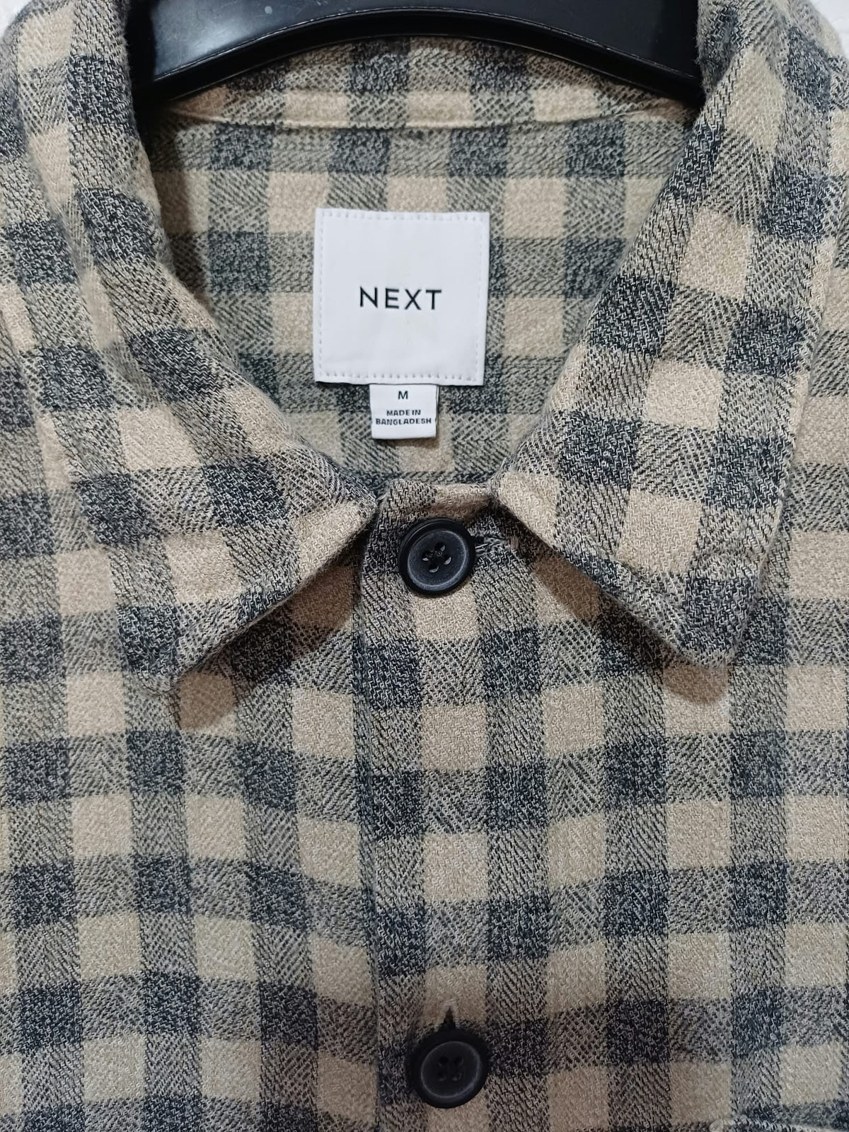 Men's Shirt Next Beige & Grey Gingham Checked Long Sleeve Flannel Size M Excellent Condition