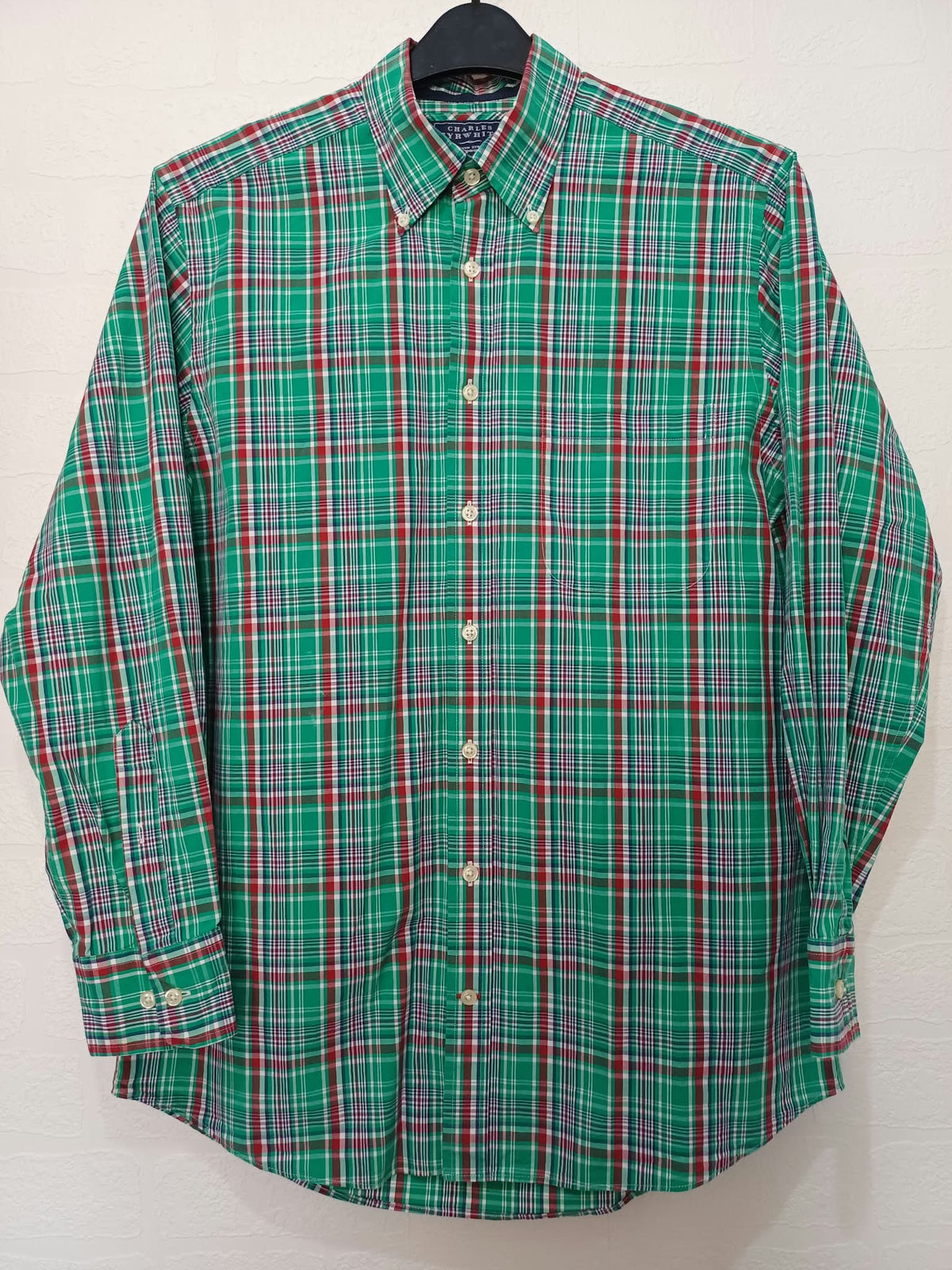 Men's Shirt Charles Tyrwhitt Green Plaid Checked Long Sleeve Button-Down Poplin Size S Very Good Condition