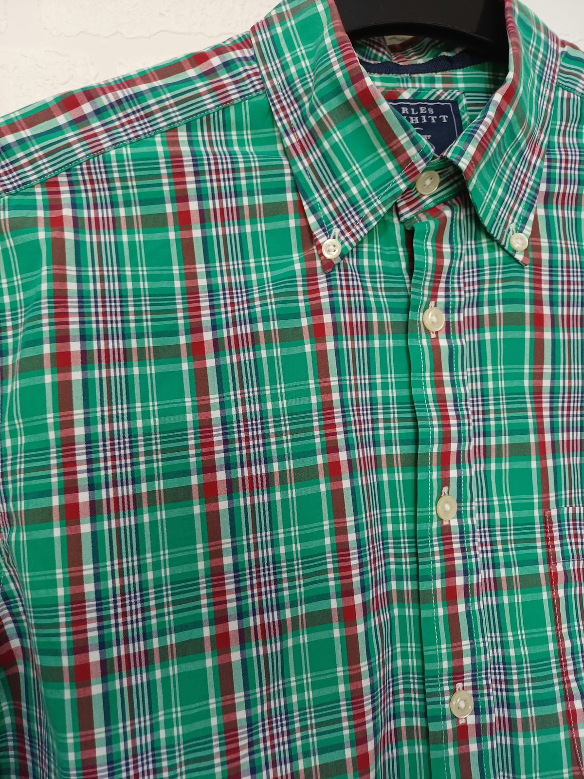 Men's Shirt Charles Tyrwhitt Green Plaid Checked Long Sleeve Button-Down Poplin Size S Very Good Condition