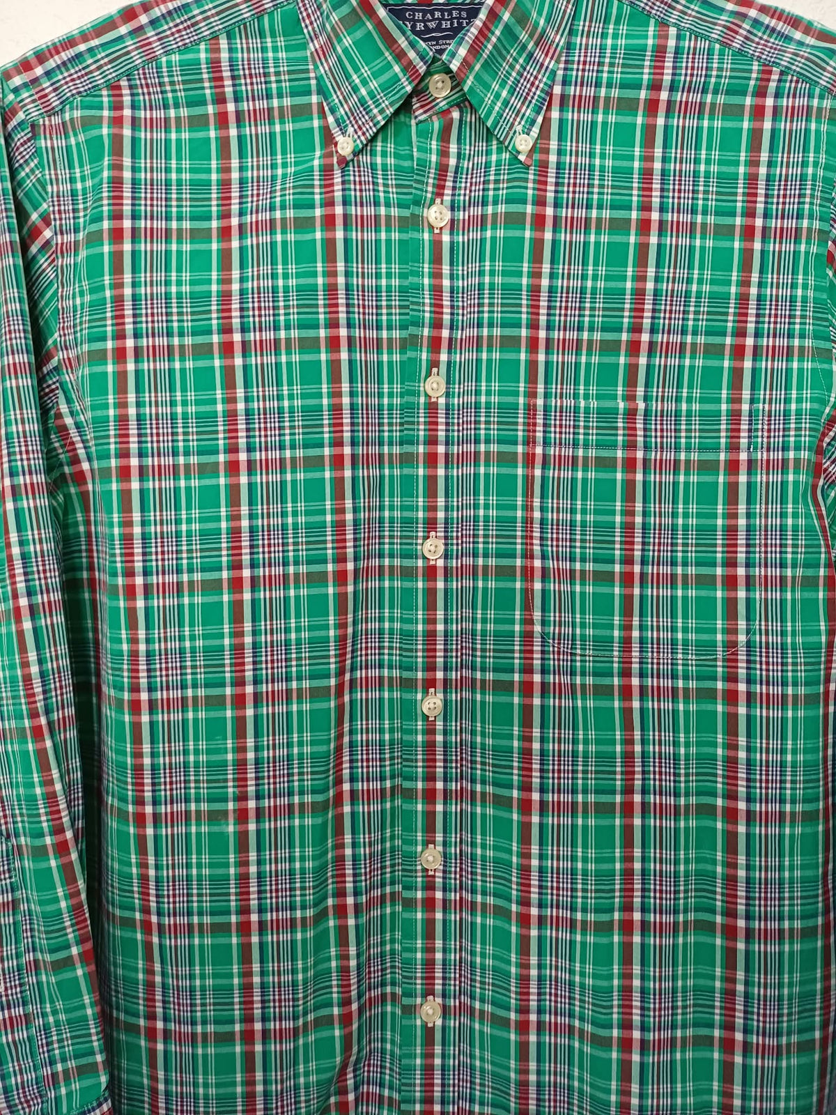 Men's Shirt Charles Tyrwhitt Green Plaid Checked Long Sleeve Button-Down Poplin Size S Very Good Condition