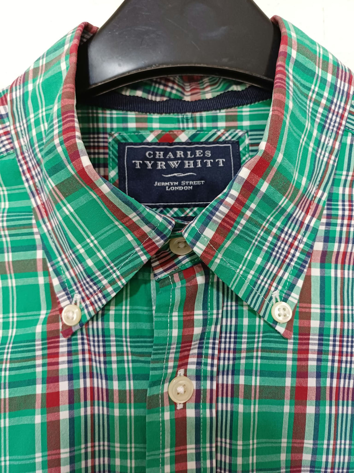 Men's Shirt Charles Tyrwhitt Green Plaid Checked Long Sleeve Button-Down Poplin Size S Very Good Condition