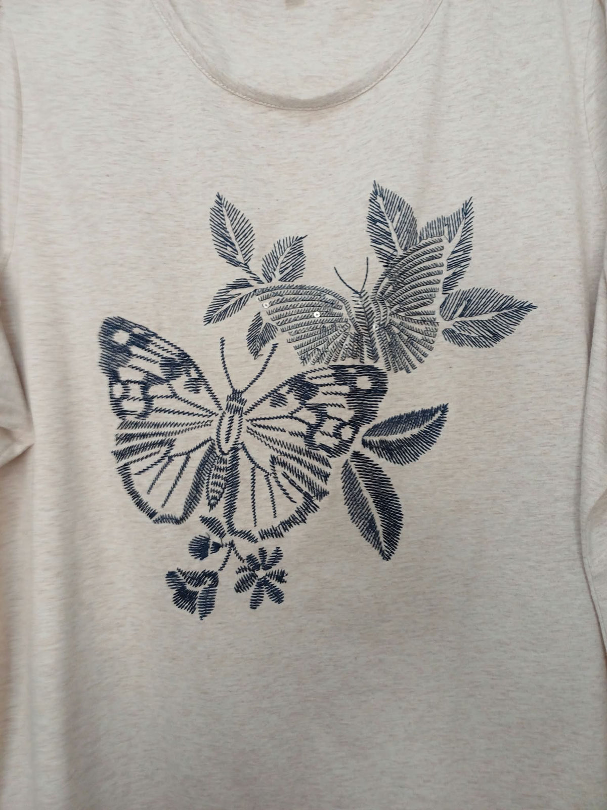 Women's Top Bonmarché Beige Embroidered Butterfly Short Sleeve Plus Size 24 Very Good Condition