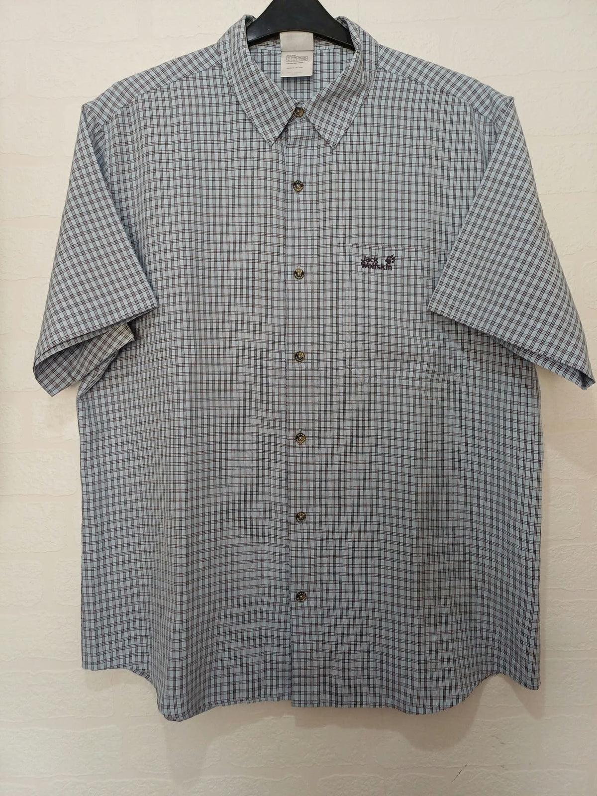 Men's Shirt Jack Wolfskin Light Blue Checked Short Sleeve Travel Size XL Very Good Condition