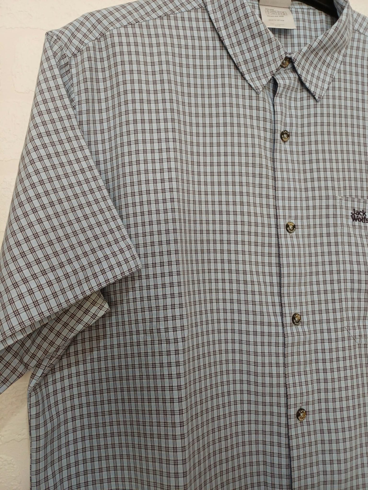 Men's Shirt Jack Wolfskin Light Blue Checked Short Sleeve Travel Size XL Very Good Condition