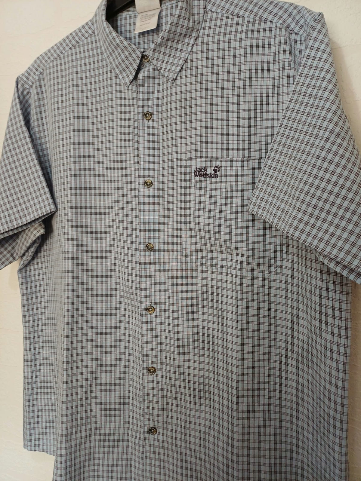 Men's Shirt Jack Wolfskin Light Blue Checked Short Sleeve Travel Size XL Very Good Condition