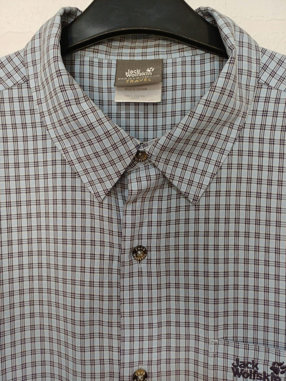 Men's Shirt Jack Wolfskin Light Blue Checked Short Sleeve Travel Size XL Very Good Condition