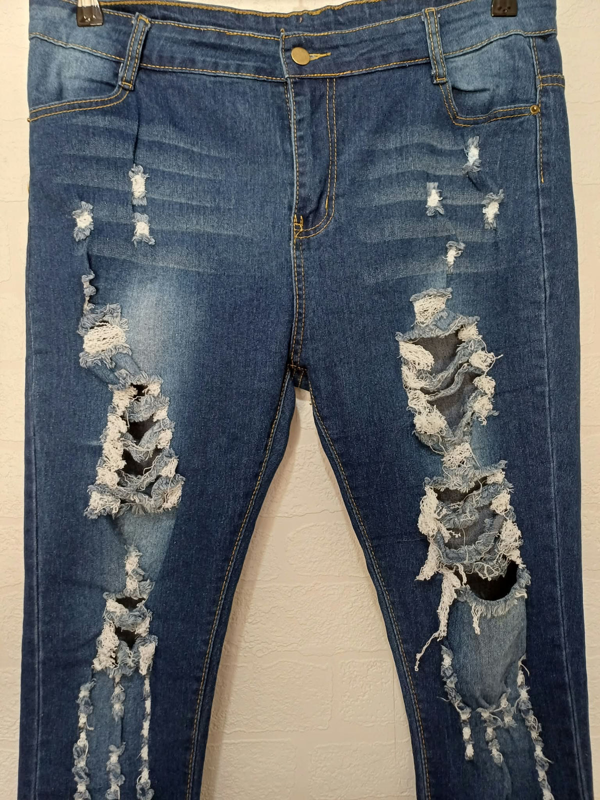 Women's Jeans Unbranded Blue Heavily Distressed Ripped Skinny Approx. W36 L32 Very Good Condition