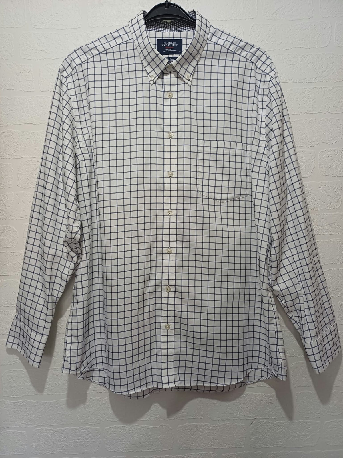 Men's Shirt Charles Tyrwhitt White Blue Grid Check Non-Iron Cotton Long Sleeve Size XL Very Good Condition With Pen Mark
