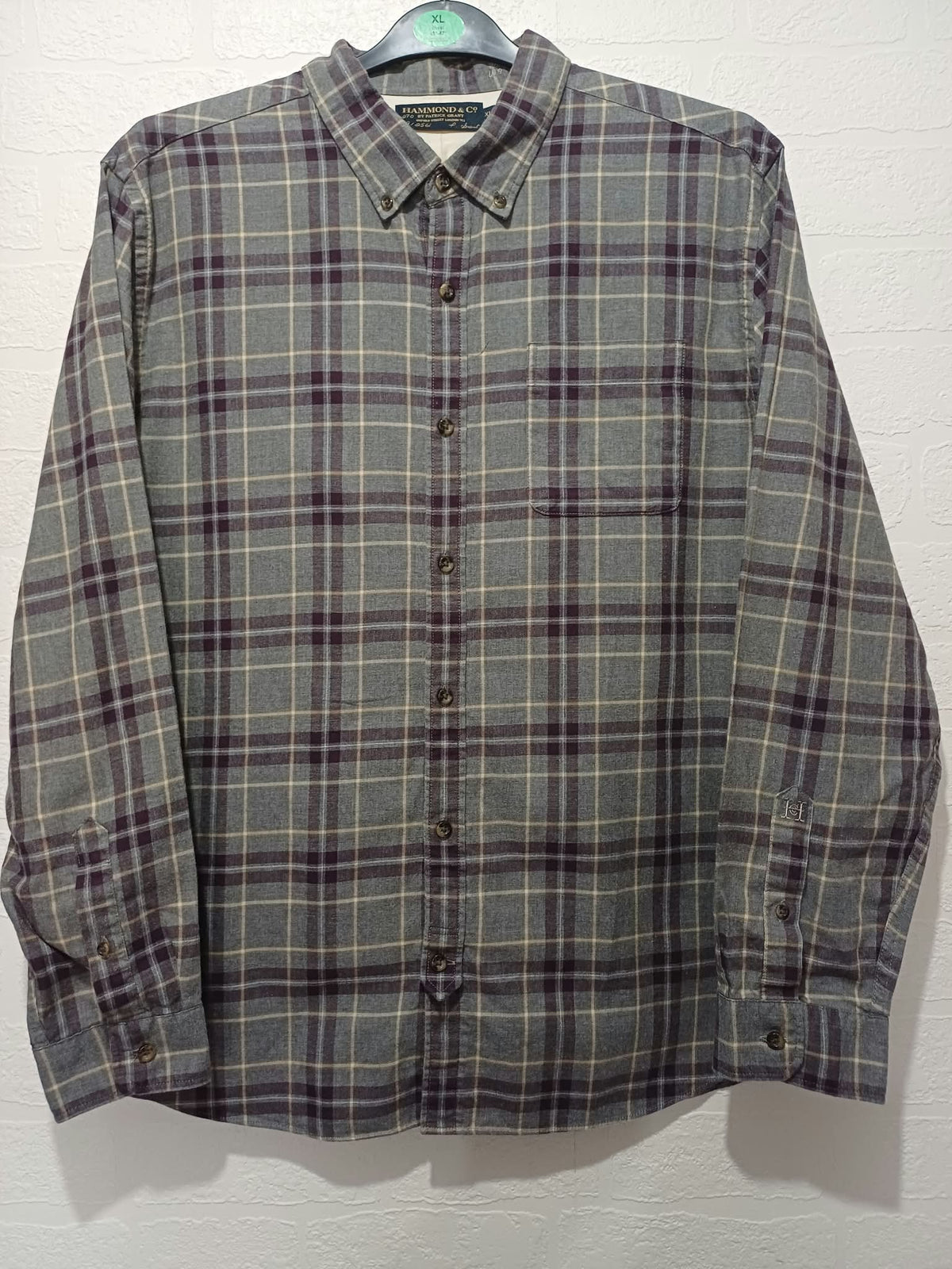 Men's Shirt Hammond & Co. Grey Plum Ochre Check Brushed Cotton Flannel Long Sleeve Size XL Very Good Condition