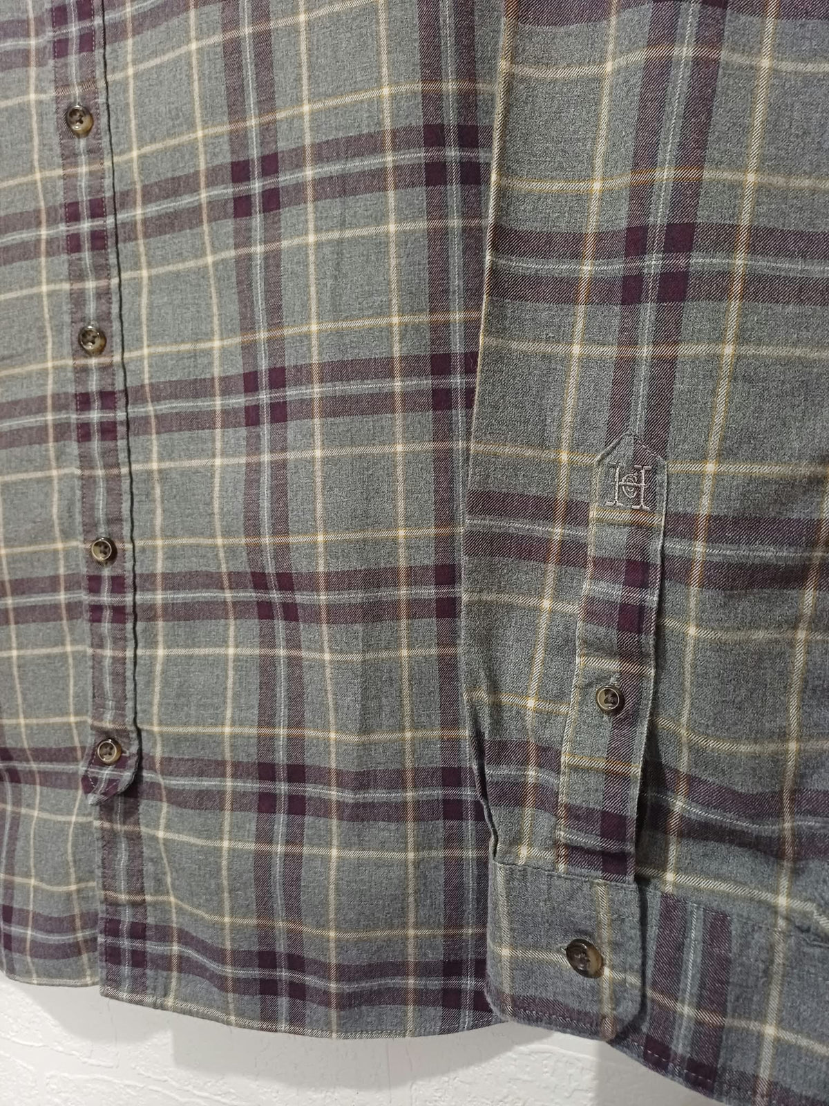 Men's Shirt Hammond & Co. Grey Plum Ochre Check Brushed Cotton Flannel Long Sleeve Size XL Very Good Condition