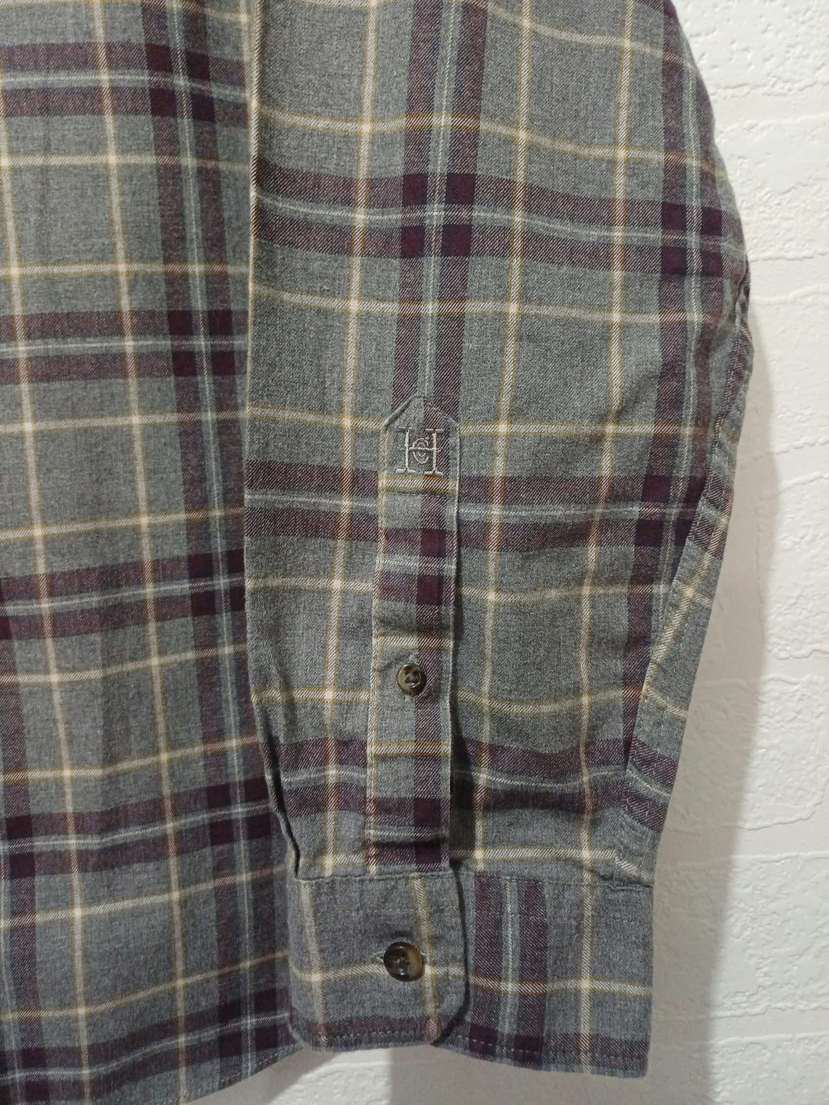 Men's Shirt Hammond & Co. Grey Plum Ochre Check Brushed Cotton Flannel Long Sleeve Size XL Very Good Condition
