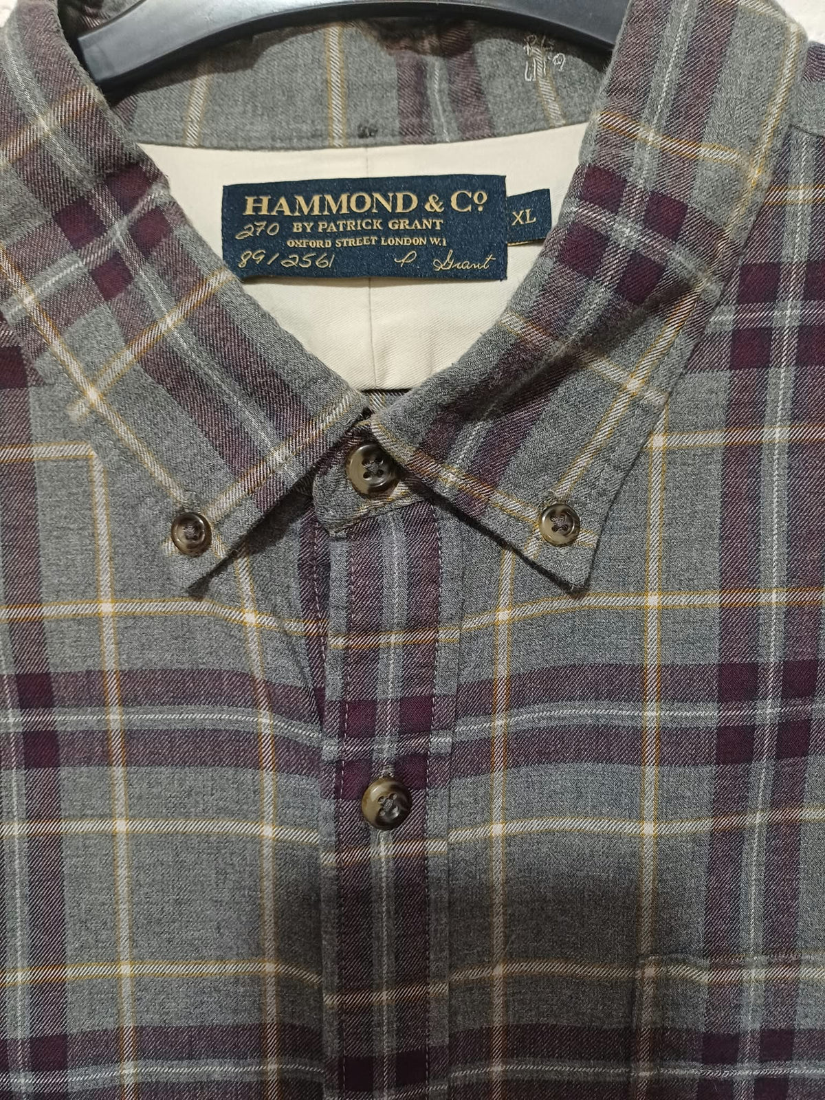 Men's Shirt Hammond & Co. Grey Plum Ochre Check Brushed Cotton Flannel Long Sleeve Size XL Very Good Condition