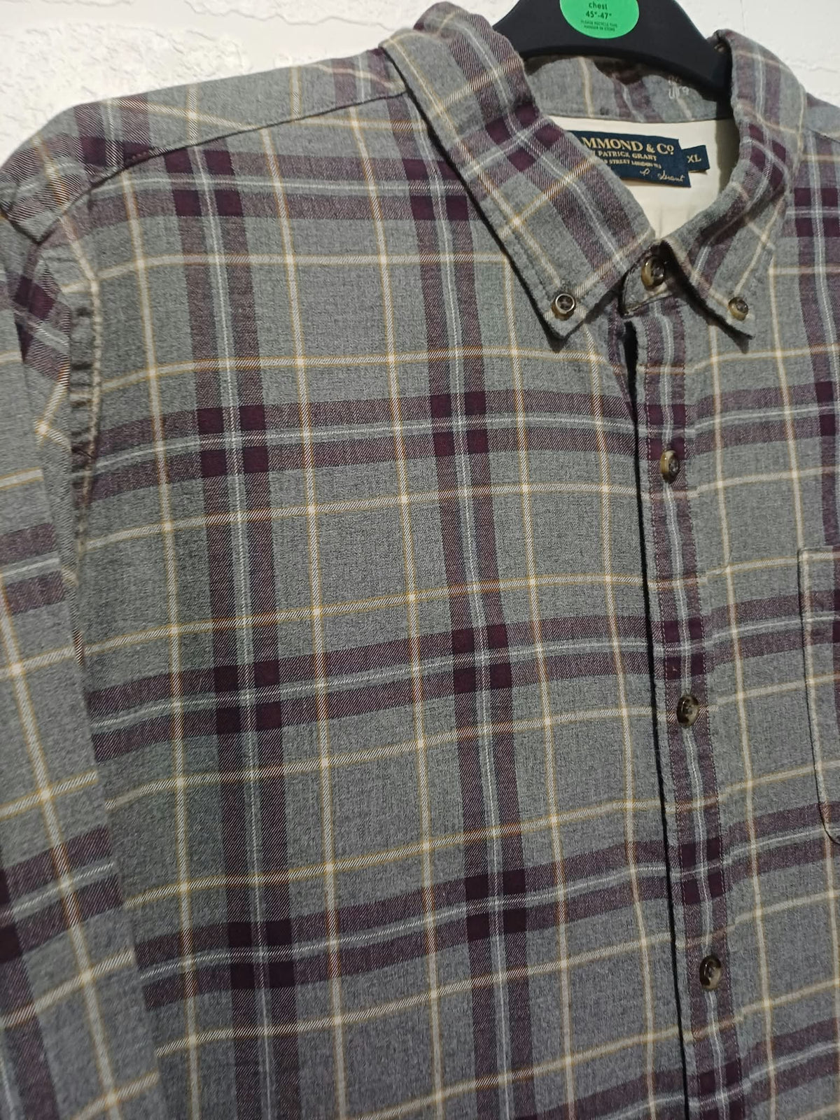 Men's Shirt Hammond & Co. Grey Plum Ochre Check Brushed Cotton Flannel Long Sleeve Size XL Very Good Condition