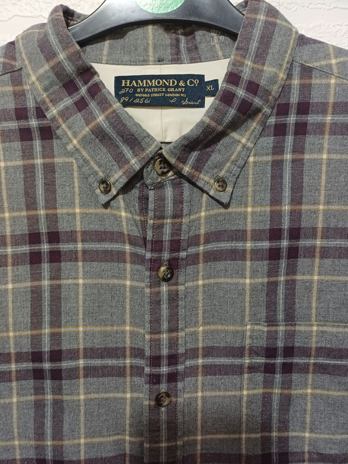 Men's Shirt Hammond & Co. Grey Plum Ochre Check Brushed Cotton Flannel Long Sleeve Size XL Very Good Condition
