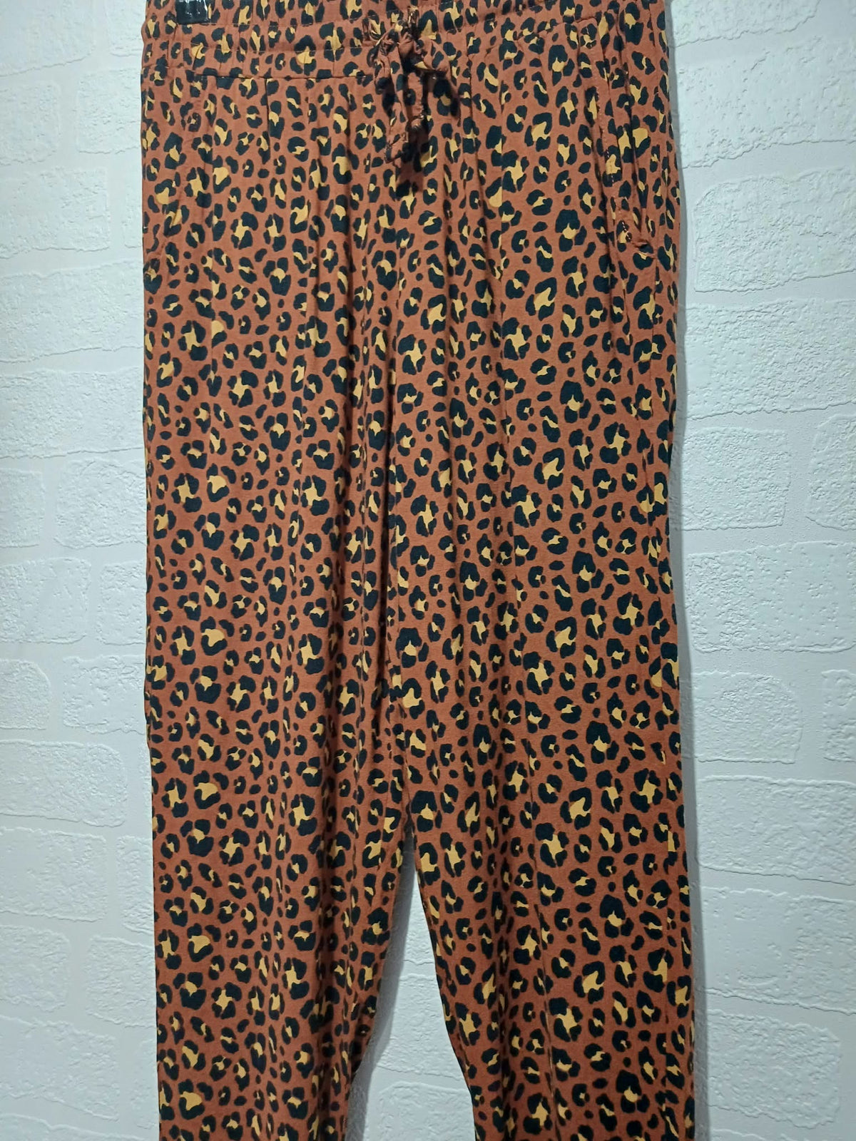Women's Trousers Primark Orange Brown Leopard Print Elastic Waist Tapered Leg Size 8 Very Good Condition