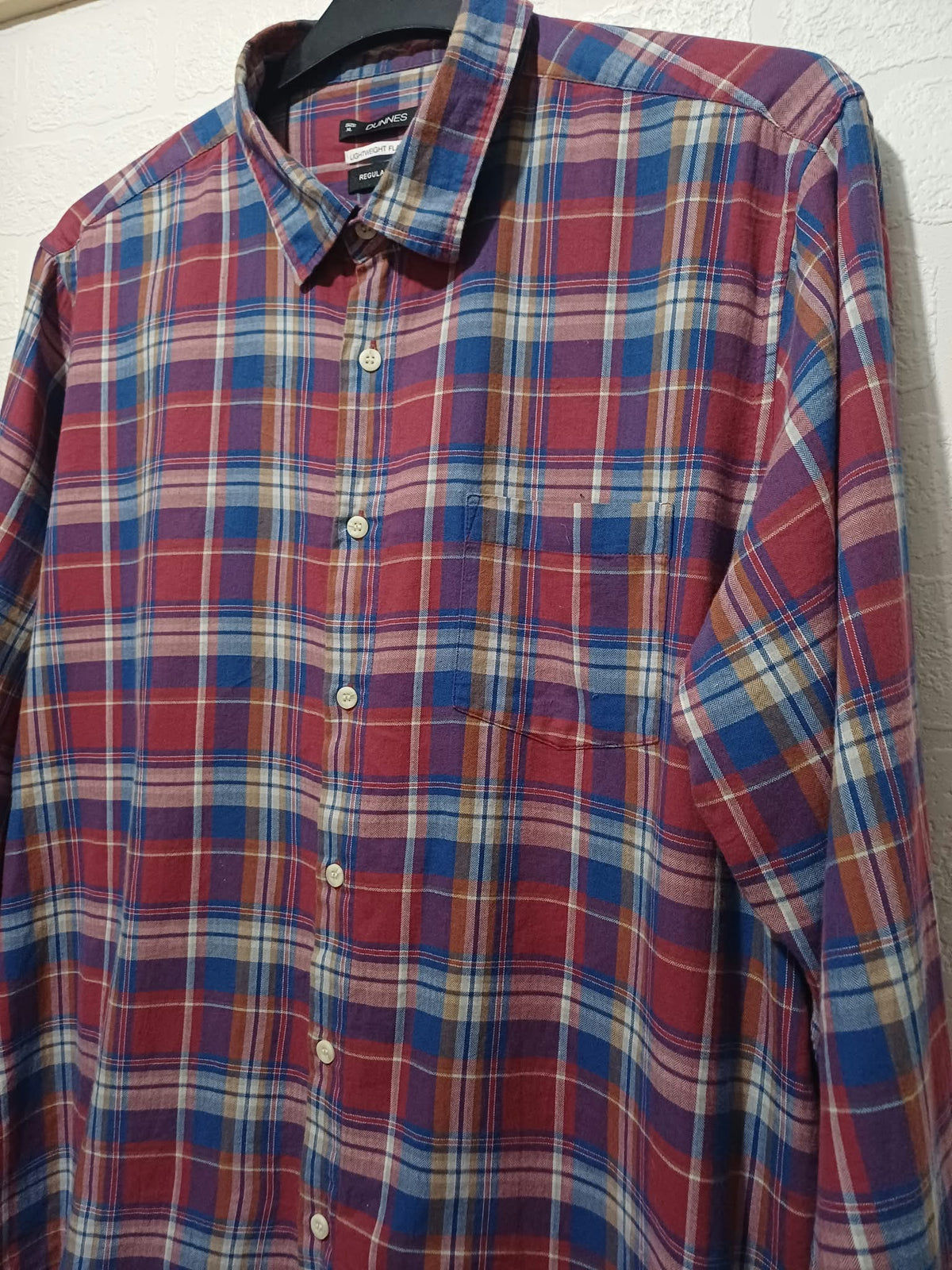 Men's Shirt Dunnes Stores Red Blue & Purple Plaid Lightweight Flannel XL Very Good Condition
