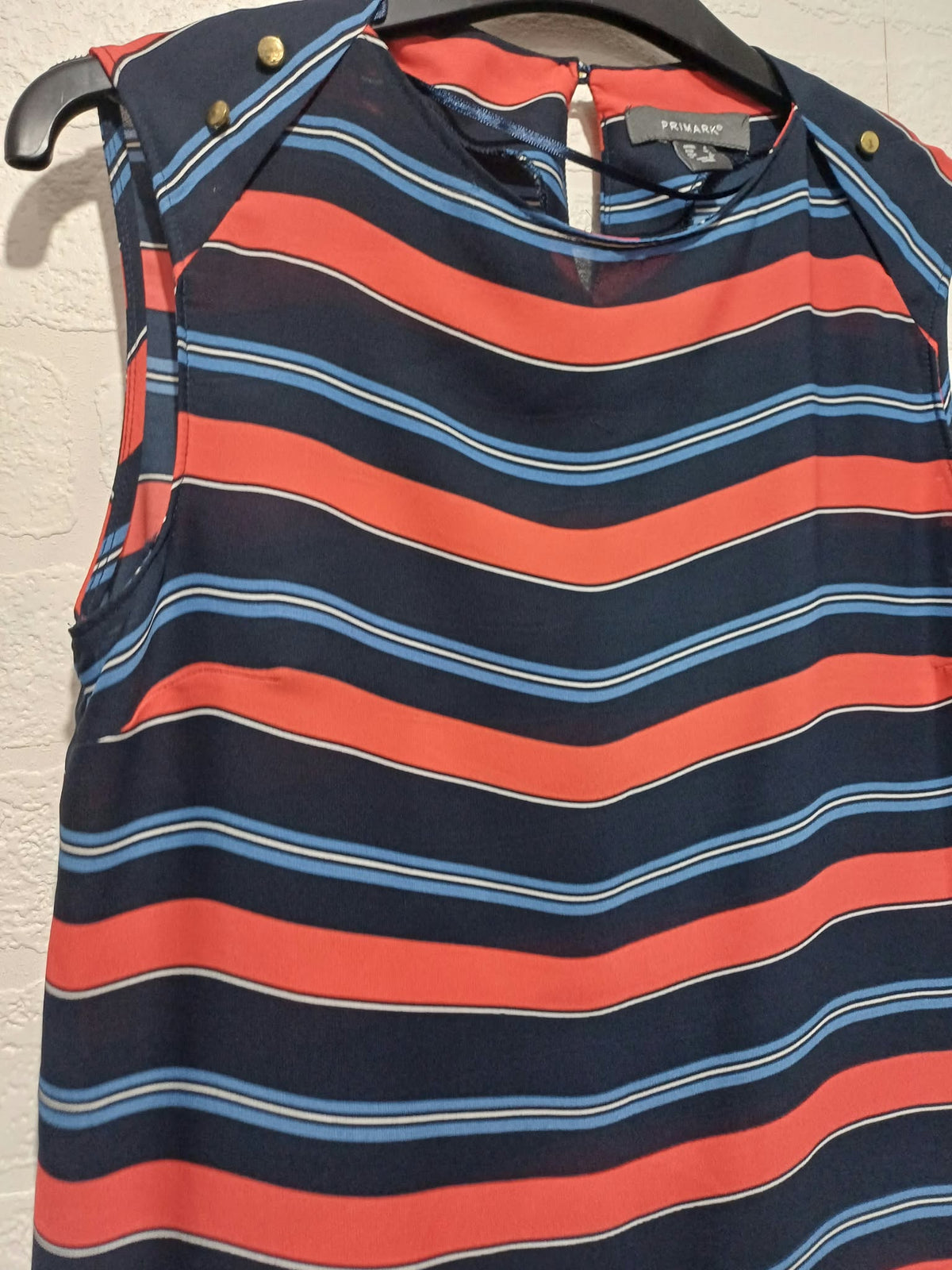 Women's Blouse Primark Navy & Coral Orange Striped Sleeveless Size 8 Very Good Condition