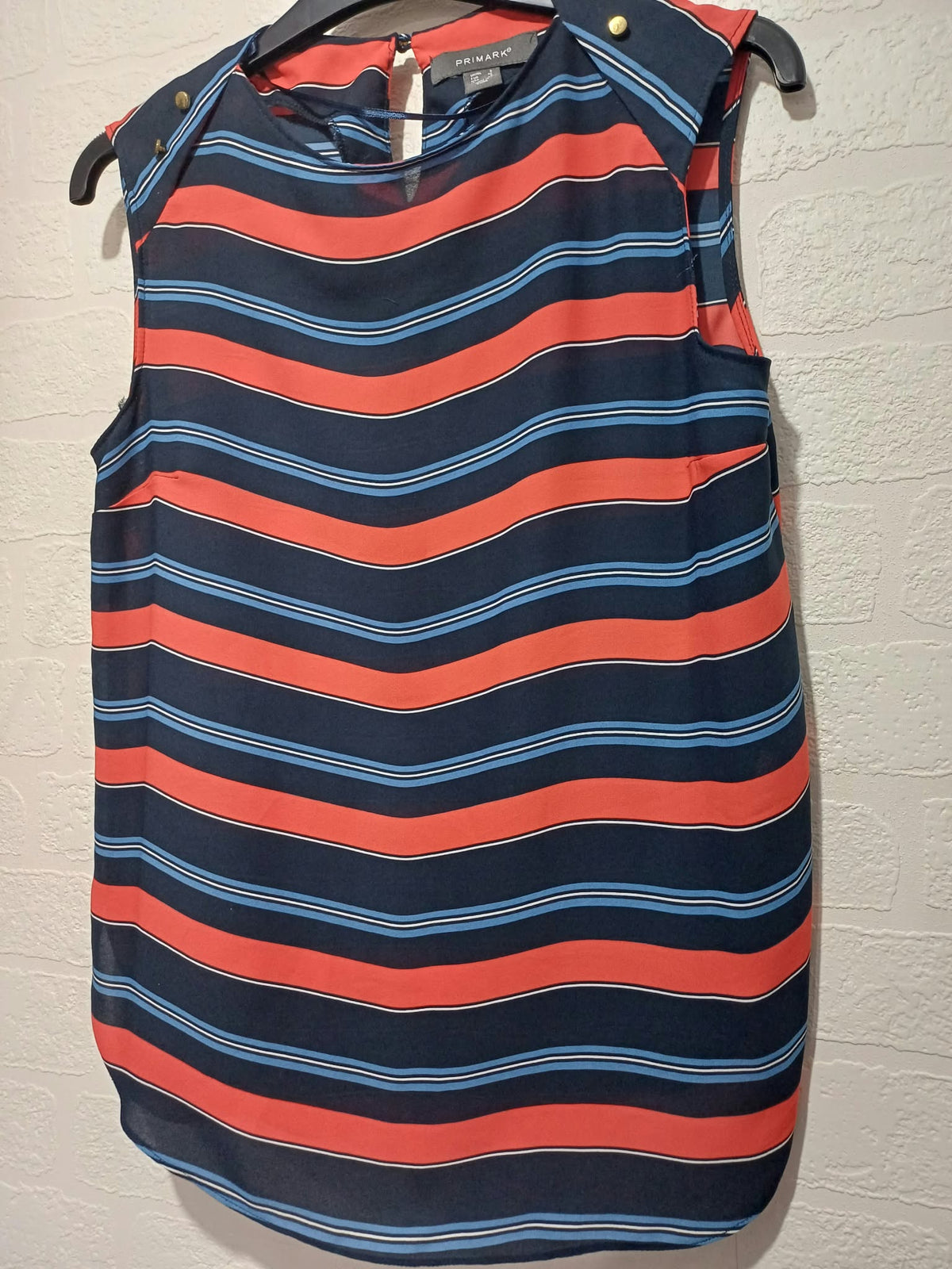 Women's Blouse Primark Navy & Coral Orange Striped Sleeveless Size 8 Very Good Condition