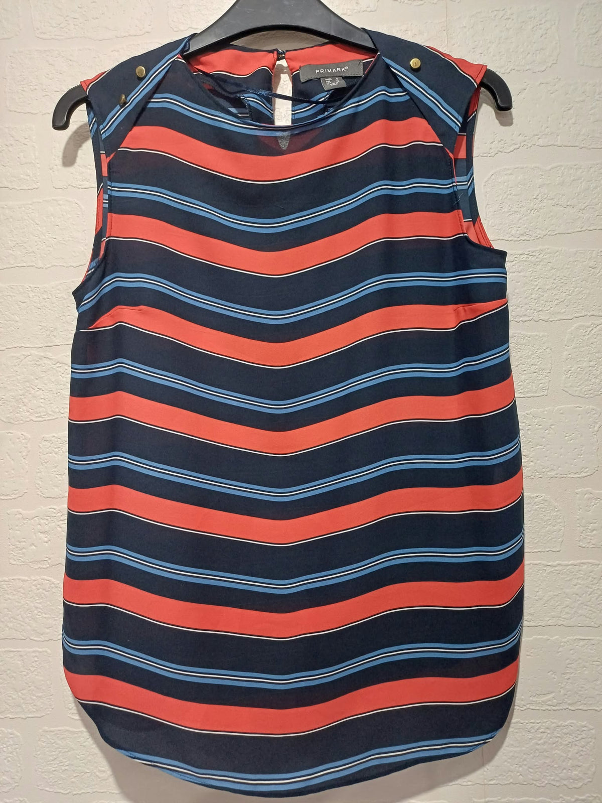 Women's Blouse Primark Navy & Coral Orange Striped Sleeveless Size 8 Very Good Condition