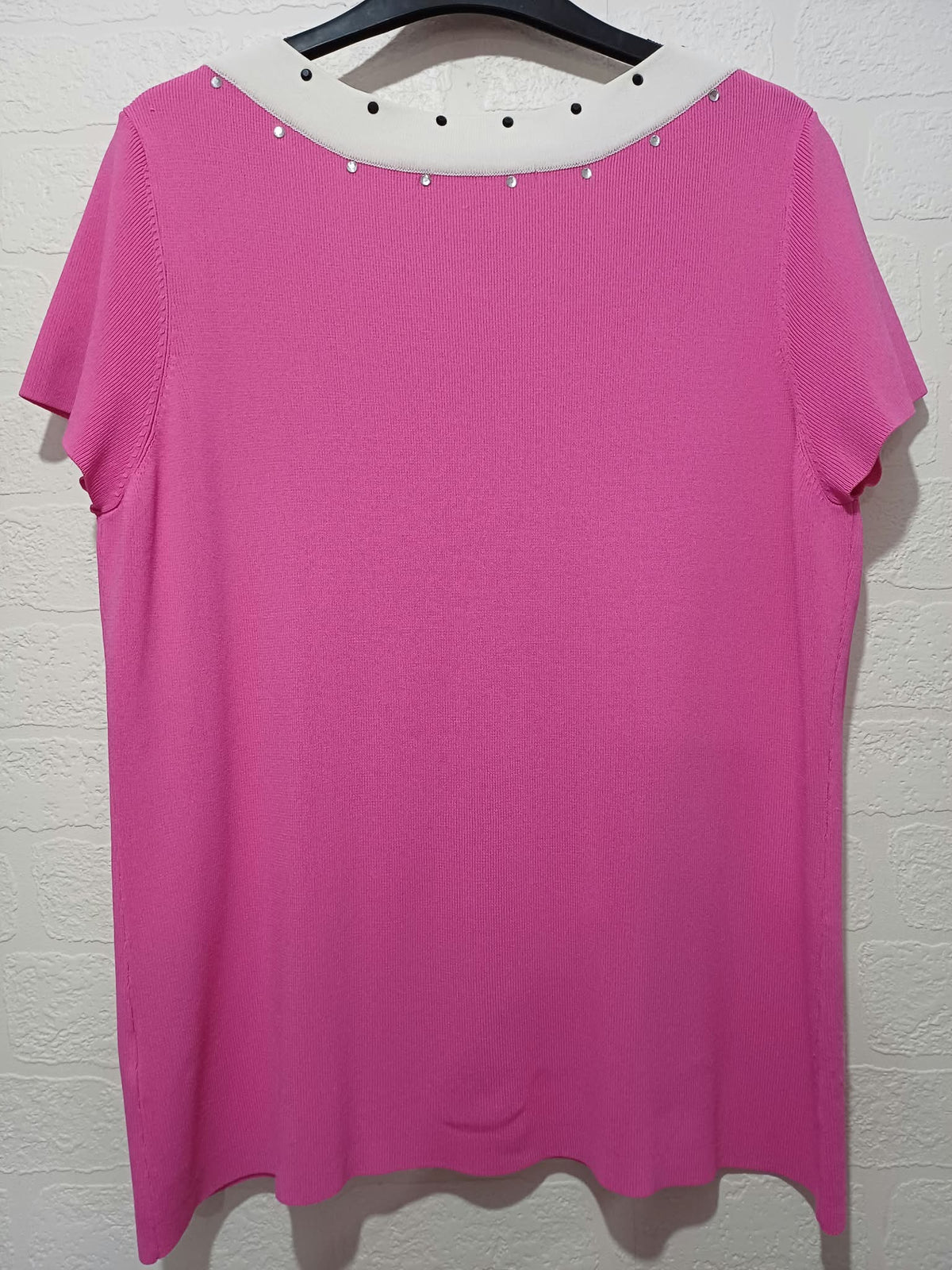 Women's Top Pink White Embellished Scoop Neck Short Sleeve Approx. UK 12–14 Very Good Condition