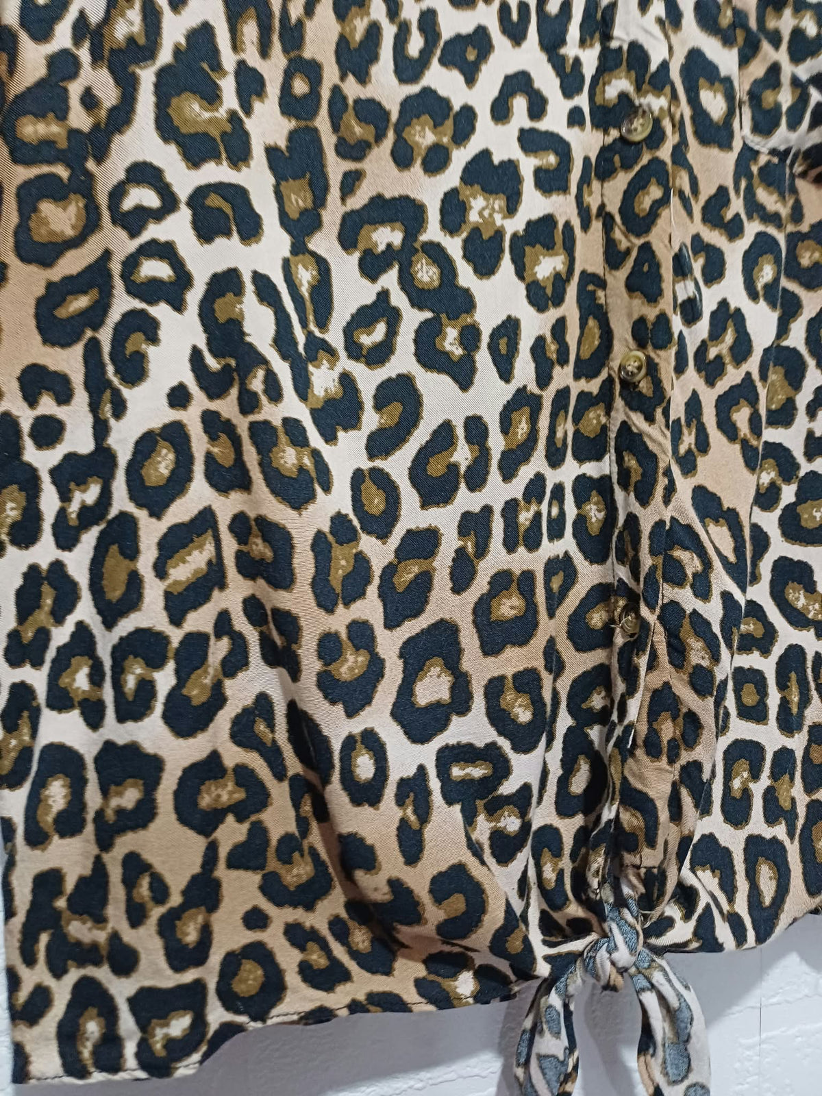Women's Top Dunnes Brown Black Leopard Print Tie Front Short Sleeve Size 14 Very Good Condition