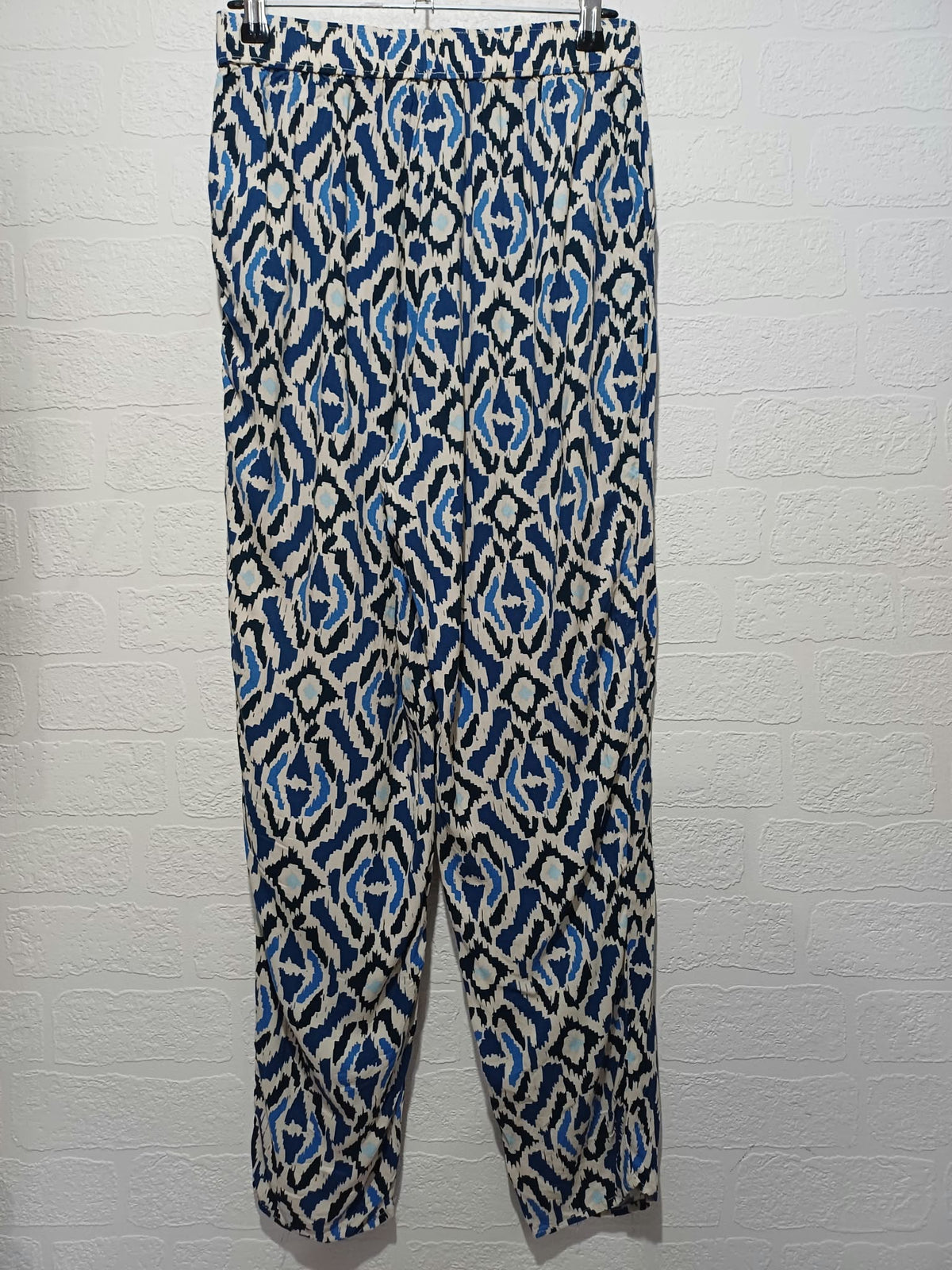 Women's Trousers F&F Blue White Ikat Geometric Print Drawstring Size 6 Very Good Condition