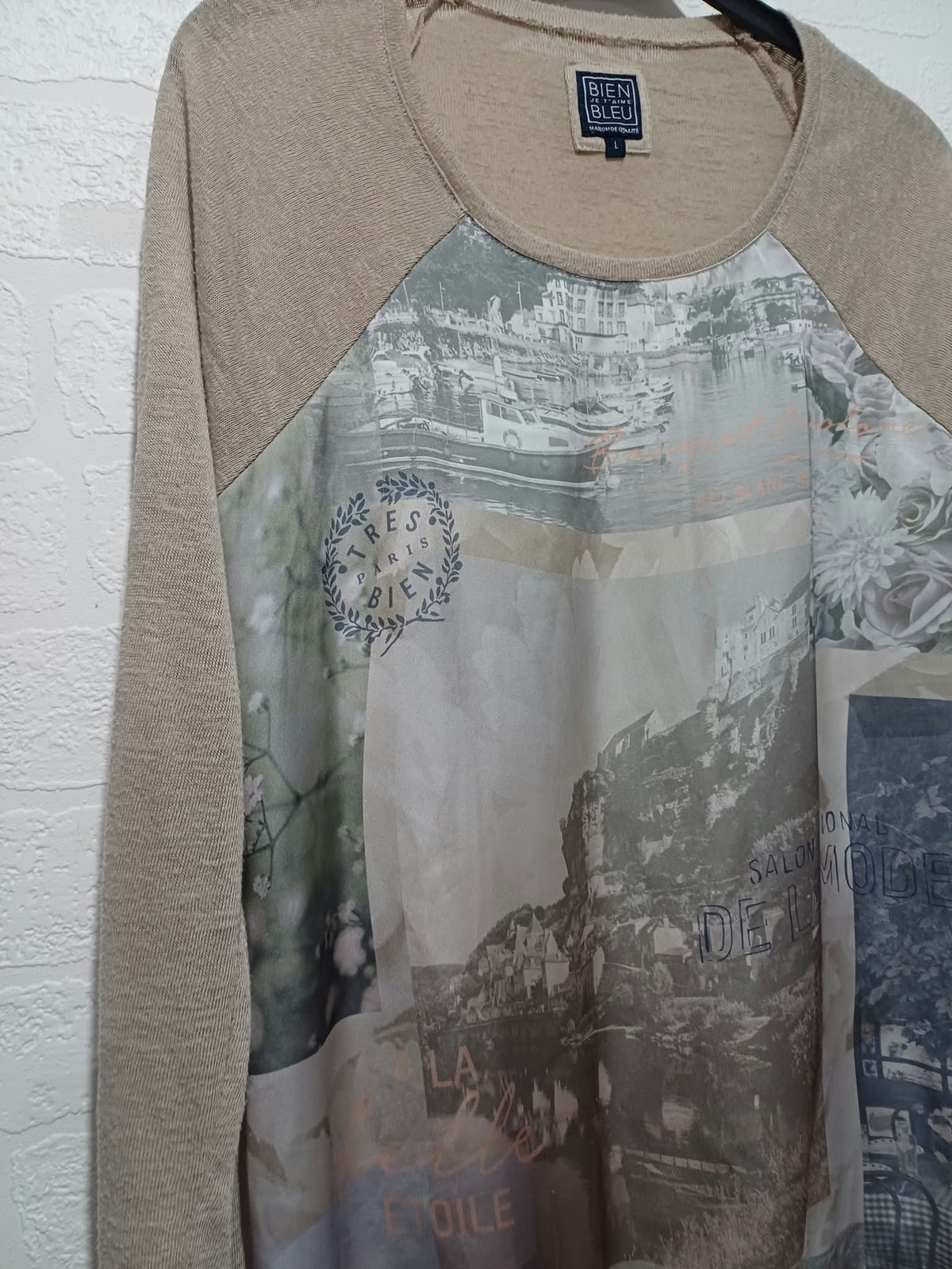Women's Top Bien Bleu Beige Scenic Collage Print Long Sleeve Size L Very Good Condition