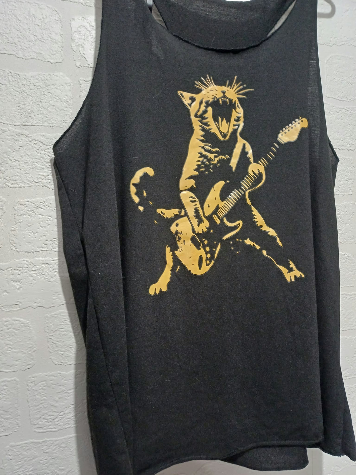 Women's Vest Top SHEIN Black Gold Guitar Playing Cat Graphic Racerback Size L Very Good Condition